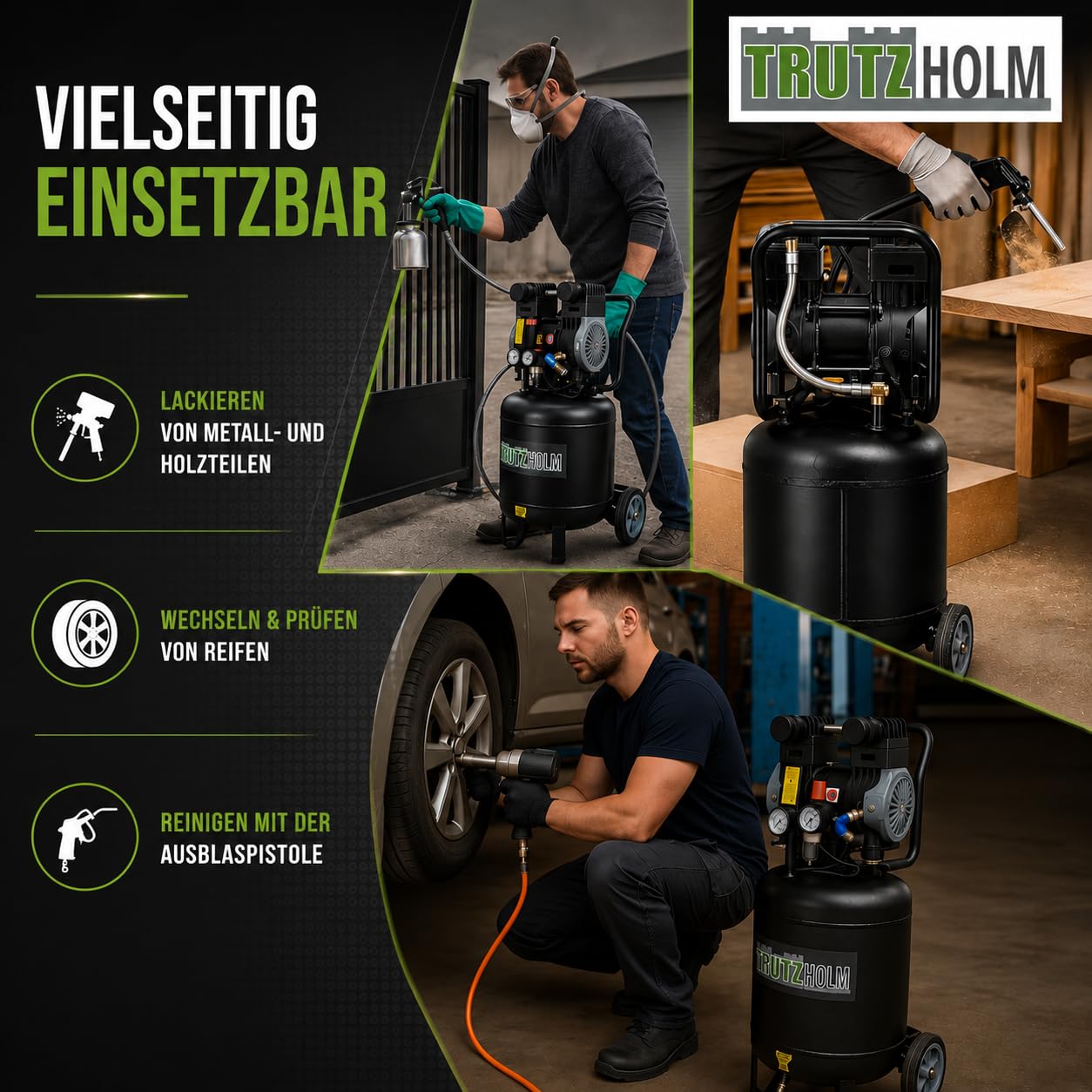 TRUTZHOLM Brushless Silent Flüsterkompressor innenbeschichtet 900-4500W silent leise 57-62dB Druckluft, Kompressor, ölfrei, 8 bar, Ansaugleistung 128-738 L/Min (49 Liter)