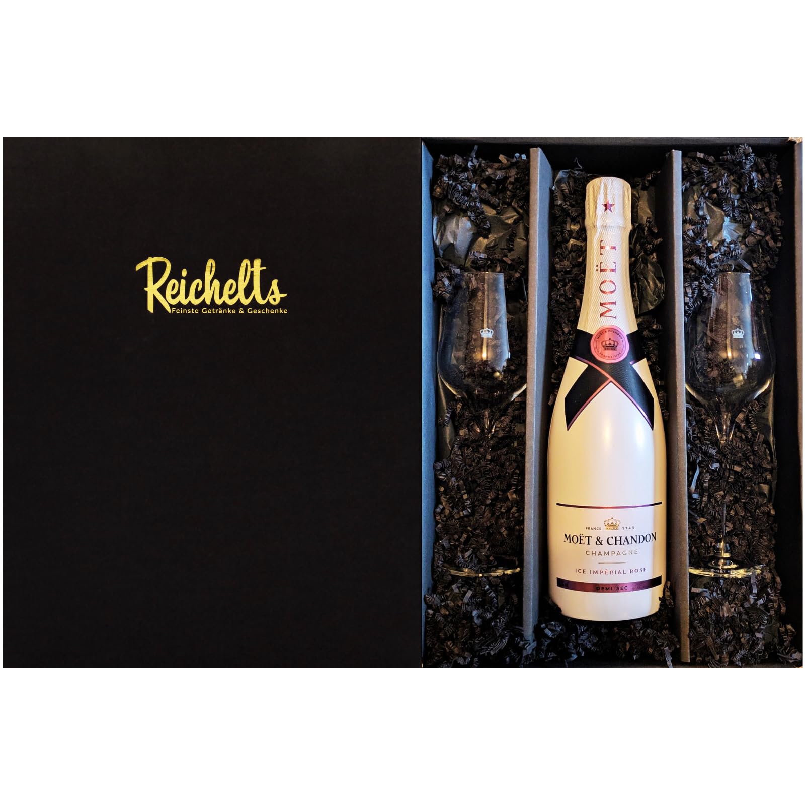 Moet & Chandon Ice Imperial Rose Champagner 0,75 l 12% + 2 x Moet Champagnerglas mit edler Krone und Schriftzug in Präsentbox by Reichelts | Das ideale Geschenk für Geburtstag, Hochzeit uvm.