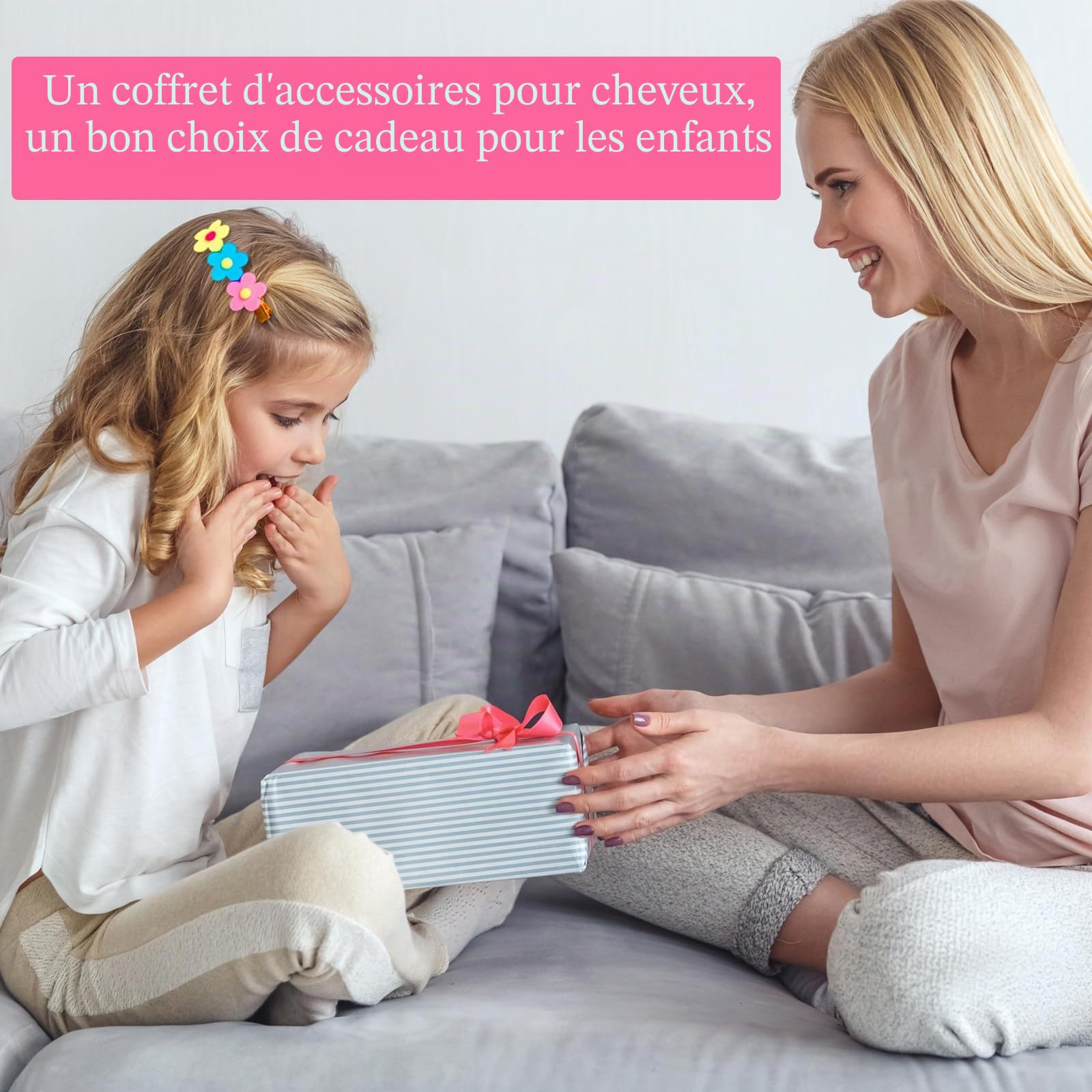 Boîte à bijoux pour accessoires de cheveu pour filles, pinces et élastiques cheveu, cadeau d'anniversaire pour filles de 3 à 12 ans, rose, boîte circulaire