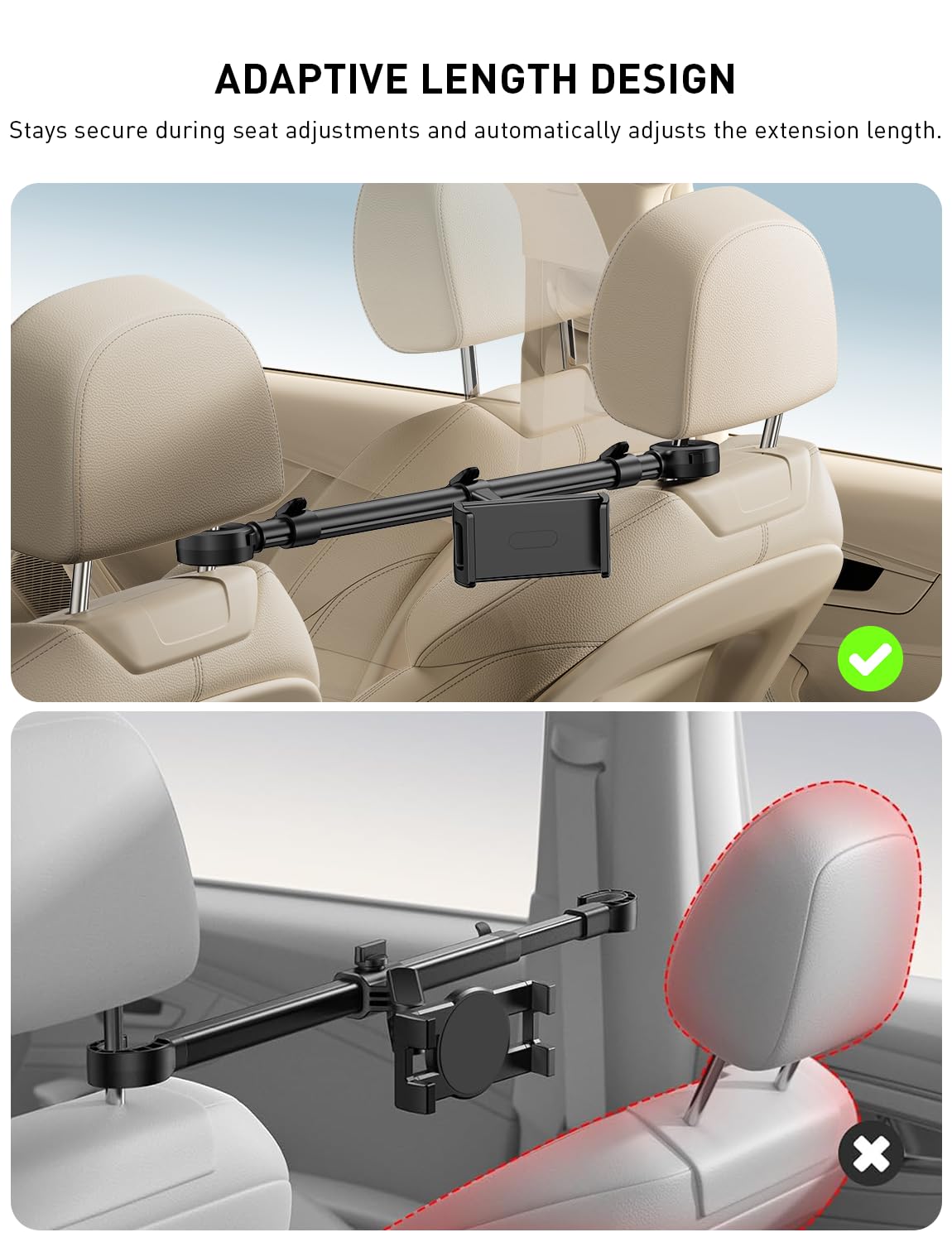 TRYONE Support Tablette Voiture Appuie-Tête, 2 Crochets, 4,7–16,1" | Compatible iPad, Samsung Tab, Switch et smartphones 4,7–16,1"