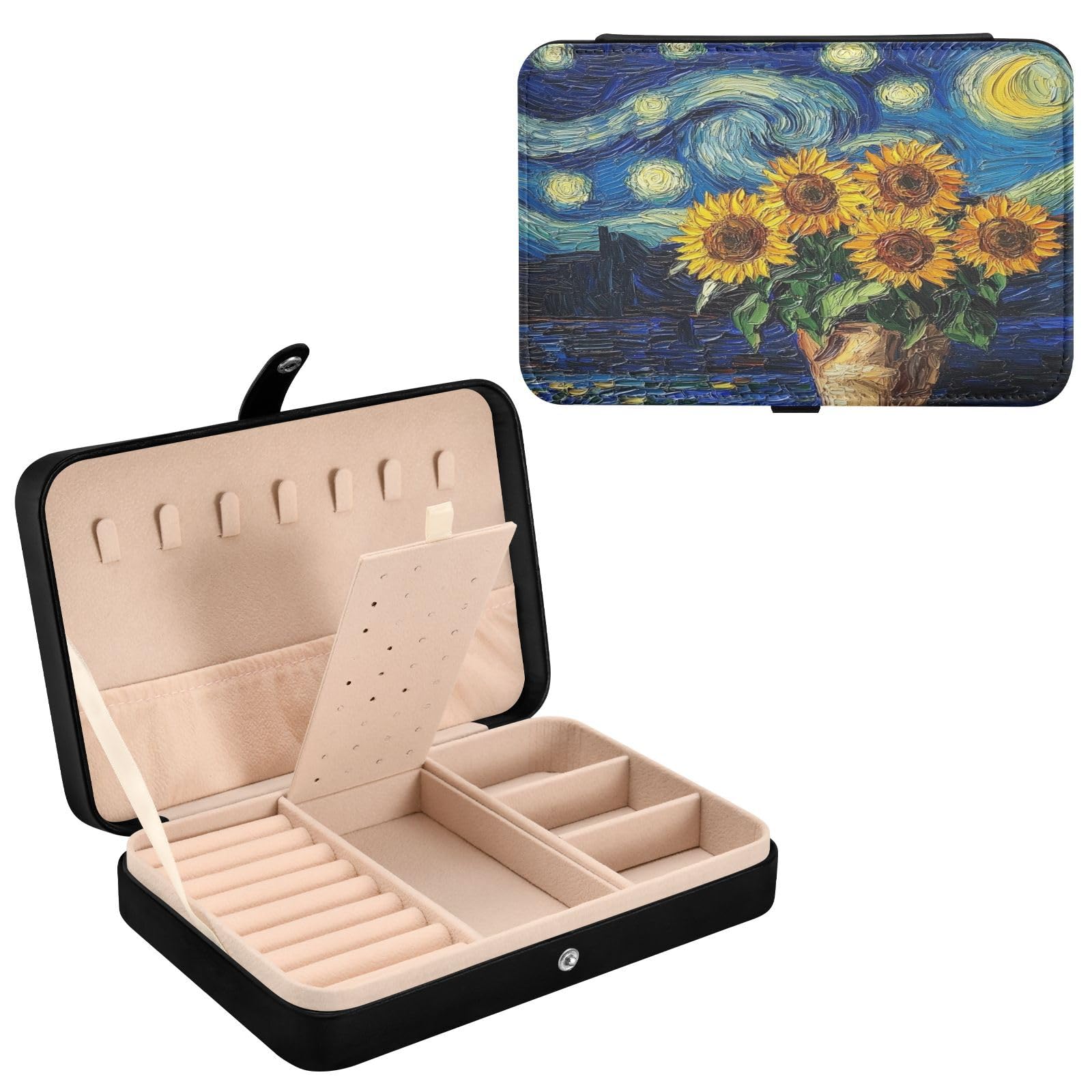 Haskirky Starry Sunflowers Jewelry Box Portable PU Leather Travel Jewelry Organize for Women Jewelry Storage Display Holder for Ring, Necklace, Earring