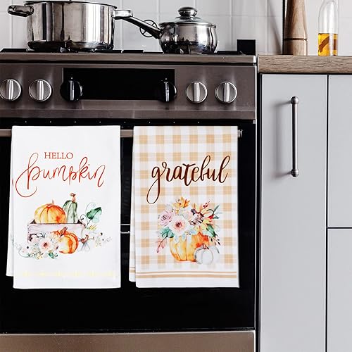 Miniatura 6 de Juego de 4 toallas de cocina de Acción de Gracias, toallas de mano absorbentes, decoración rústica de Acción de Gracias, calabaza amarilla tenue,
