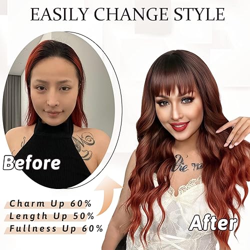 Miniatura 4 de NAYOO Pelucas largas de color castaño rojizo con flequillo para mujer, pelucas de cabello rizado y ondulado, resistentes al calor, pelucas de fibra