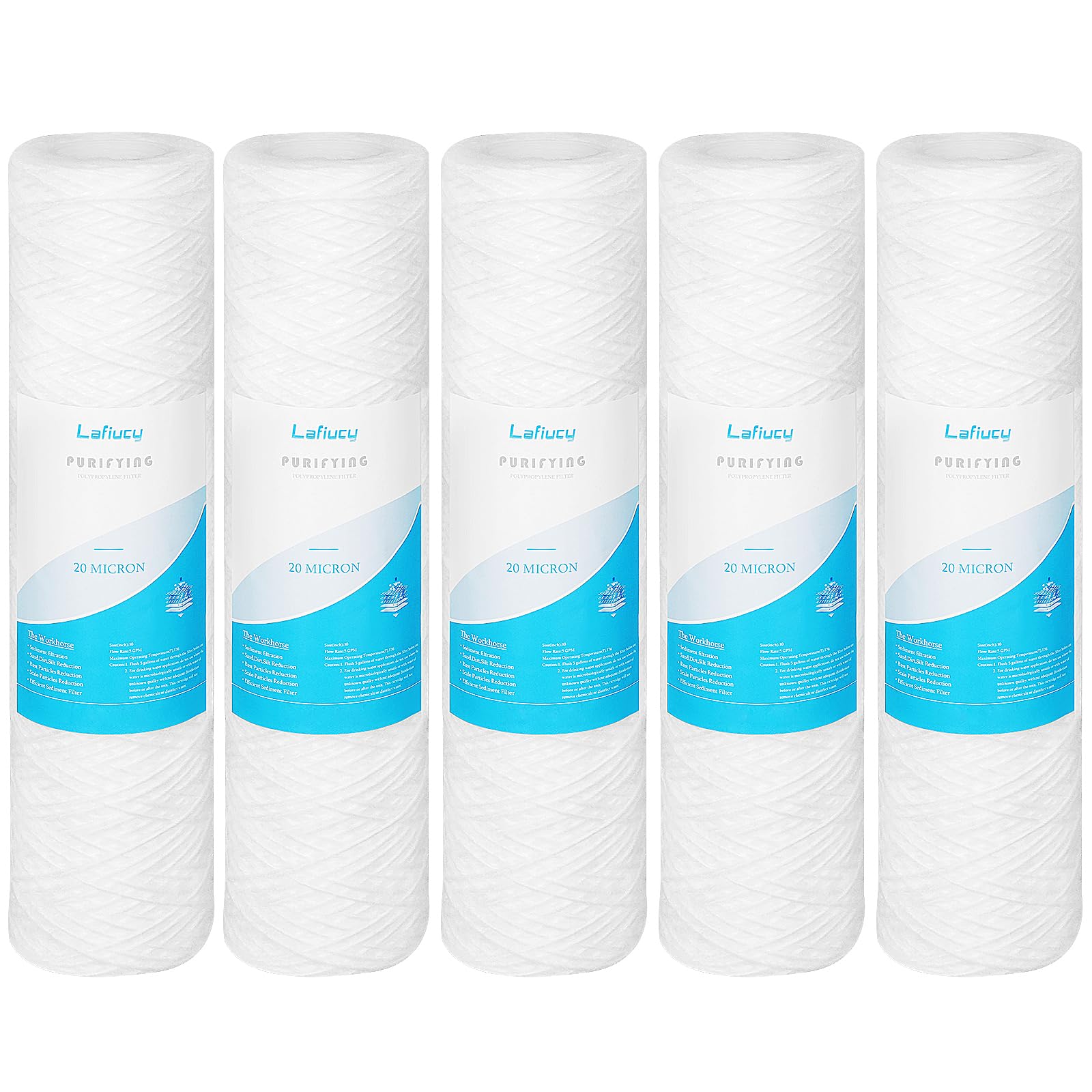 20 Micron 10" x 2.5" String Wound Sediment Water Filter Cartridge,5 Pack,Whole House Sediment Filtration, Universal Replacement for Most 10 inch RO Unit