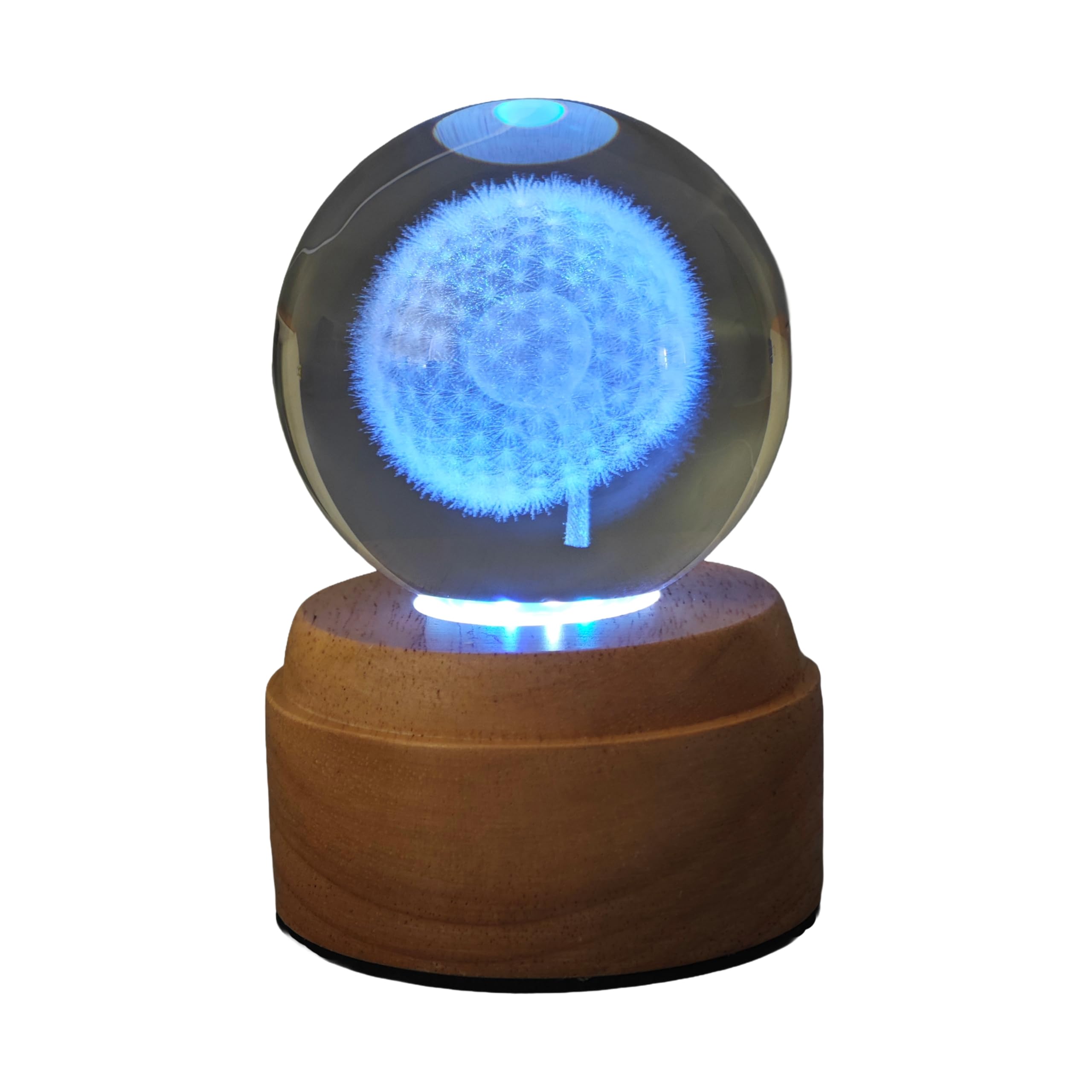 Creative Touch Dandelion Rotating 3D Crystal Globe Light, Colour Changing LED USB Powered Mood Lamp with Real Wood Base, 12cm Desk & Bedside Decorative Light