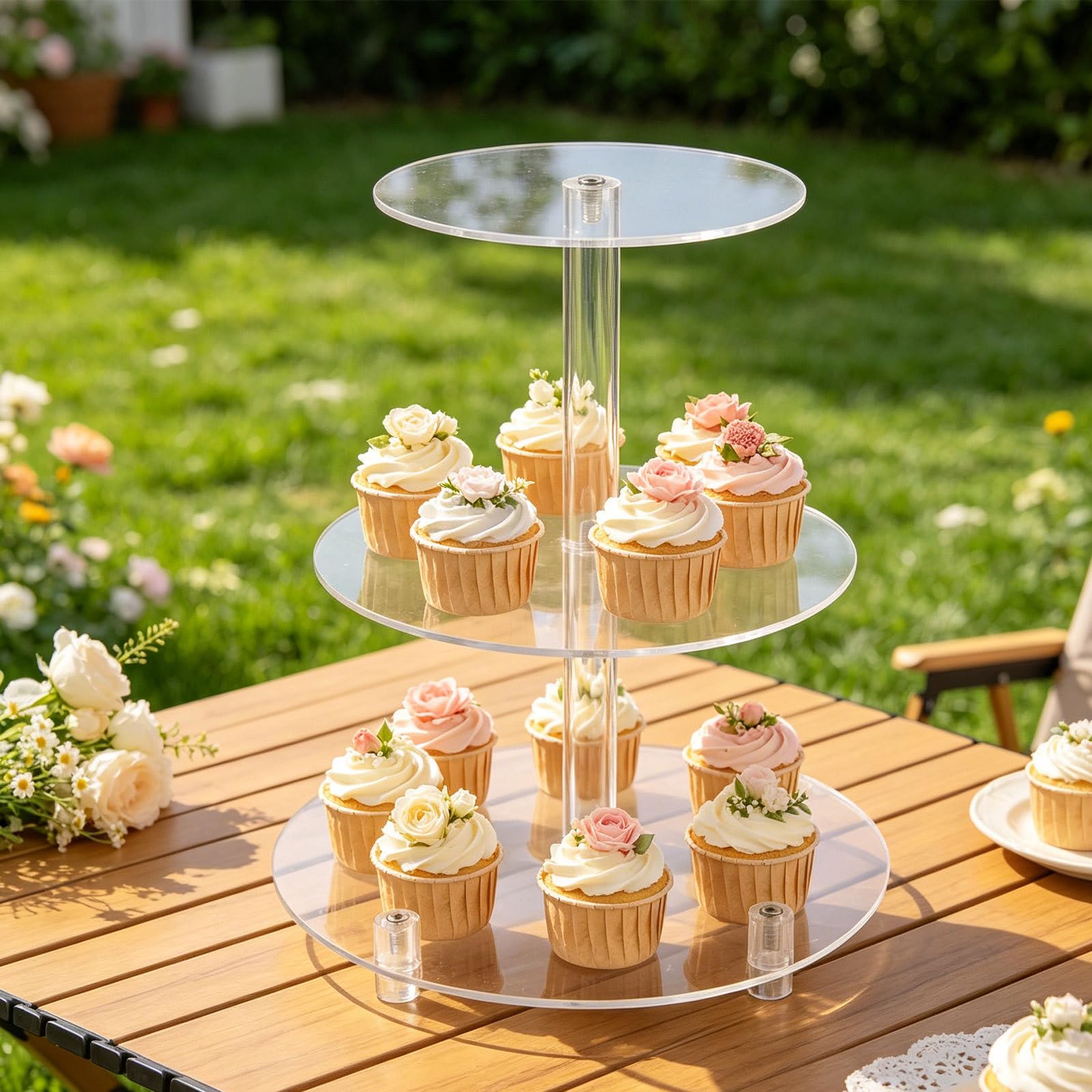 Présentoir à cupcakes en acrylique, présentoir rond à 3 étages pour gâteaux et cupcakes, idéal pour les mariages, les anniversaires et les fêtes à thème - 30 cm (12 pouces) de