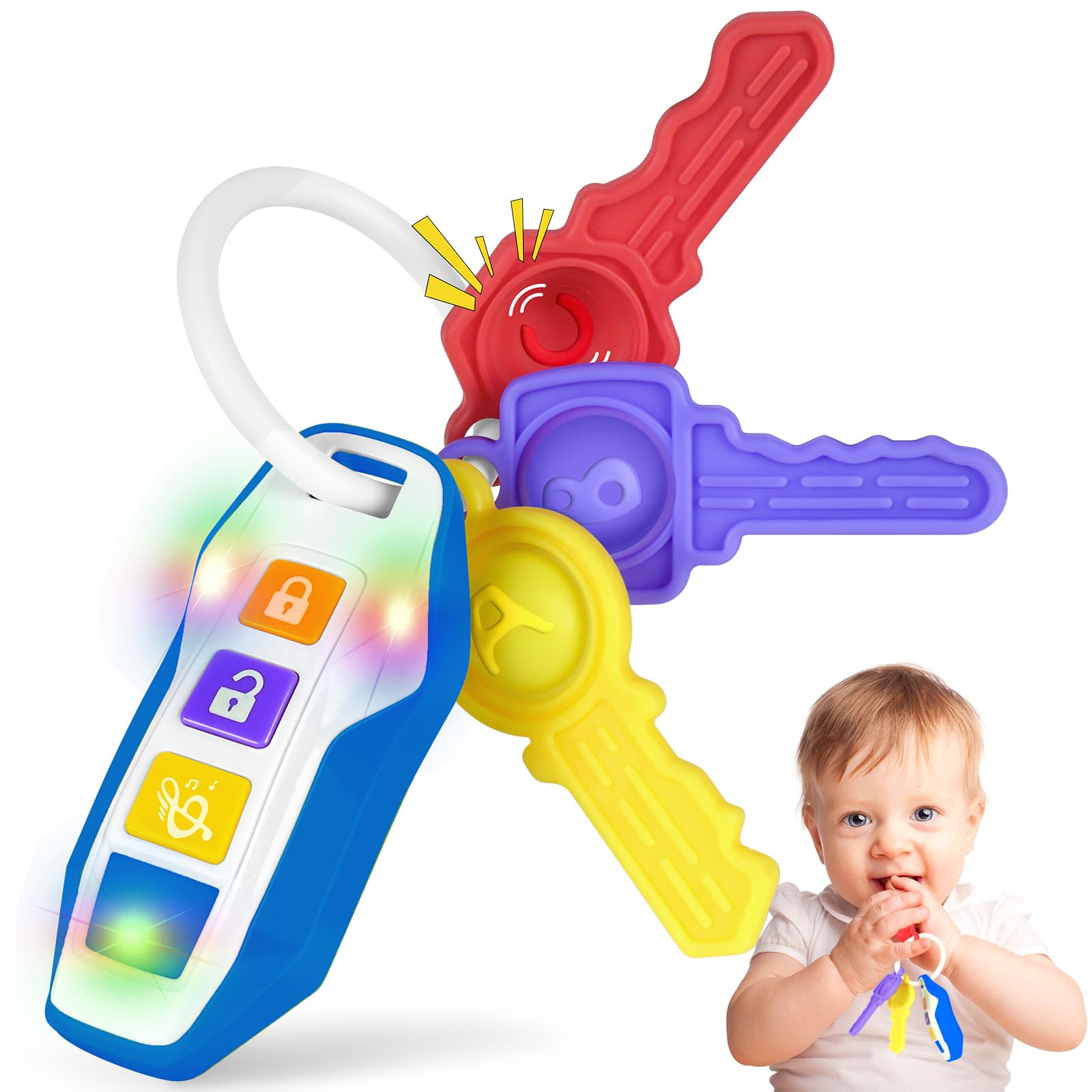 Beißring Baby Autoschlüssel Spielzeug,Baby Beissring für Zahnungshilfe Kautraining,baby Schlüsselbund Sensorik spielzeug Mit Musik & Licht,Reisespielzeug & Geschenk für Kleinkinder Jungen Mädchen