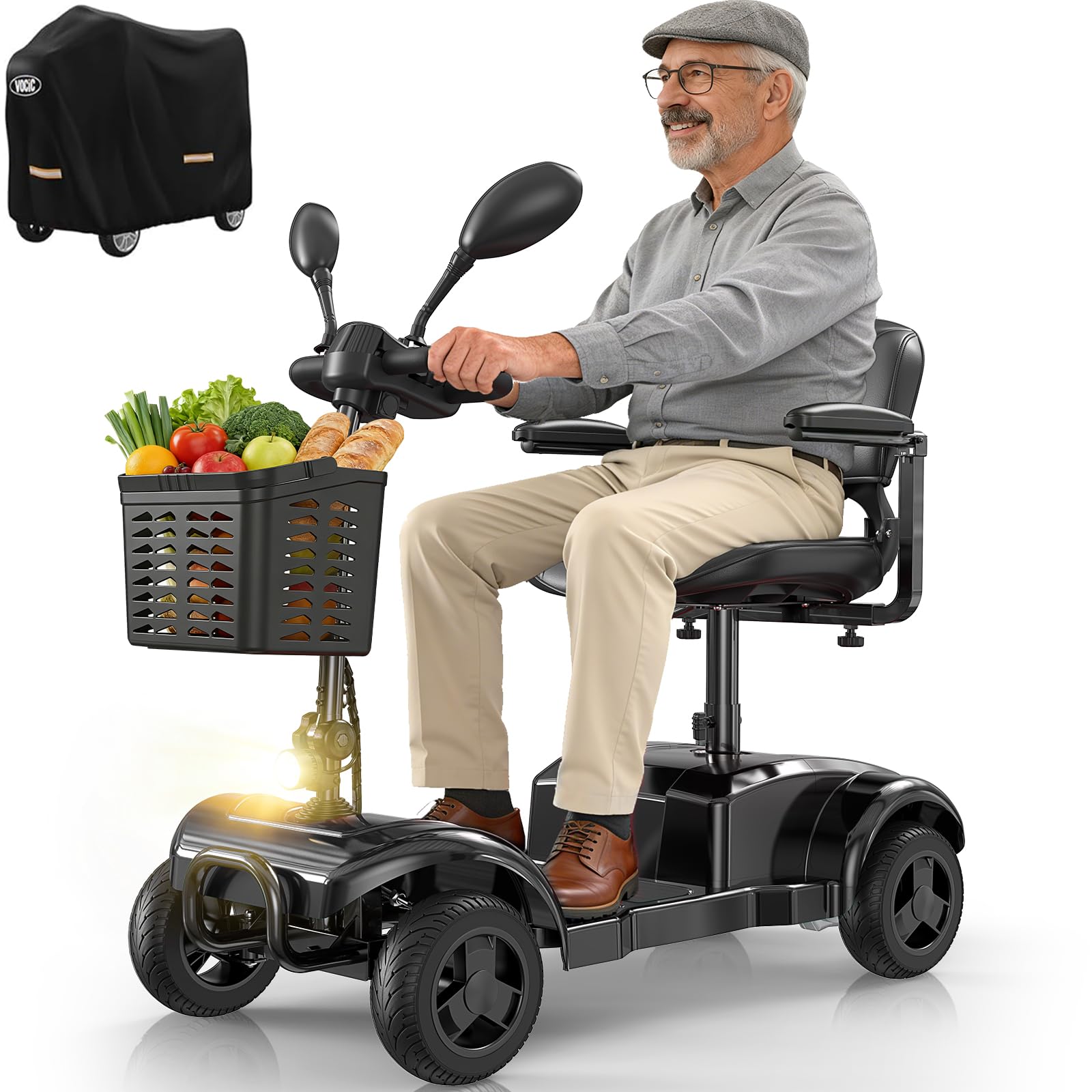 VOCIC Scooter de mobilité pliable à 4 roues pour seniors D42, 20 km | pneus tout-terrain résistants aux crevaisons, moteur de 250 W Mobilité, housse de protection incluse, Noir