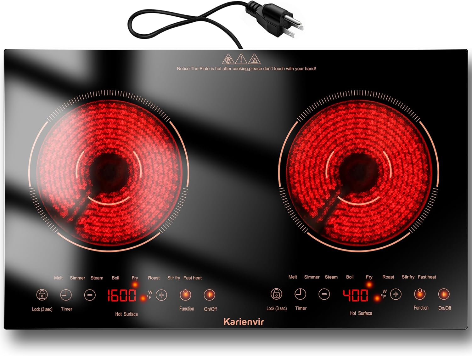 2 Burner Electric Cooktop 110v, 24 Inch Electric Stove Countertop & Built-in, Plug-in Electrics Cooktop, 8 Power Levels & 8 Functions, Touch Control, Safety Lock, Timer, 2000W, Orange 24 inch golden 2 burner