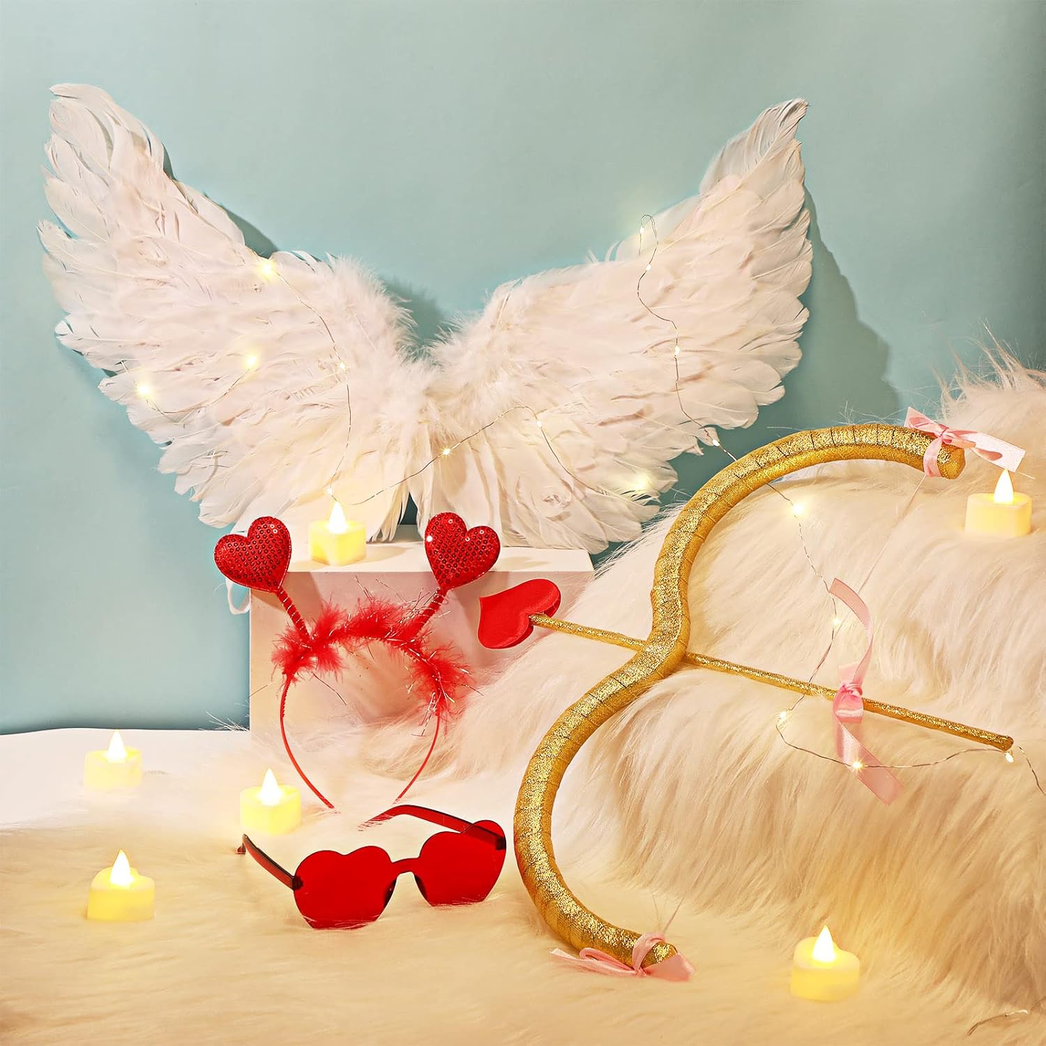 Coume Valentine Cupid Costume Accessories Set for Women Kid Angel Outfits Bow Arrow Heart Headwear Sunglasses Feather Wings(S,White,Gold) - Image 4