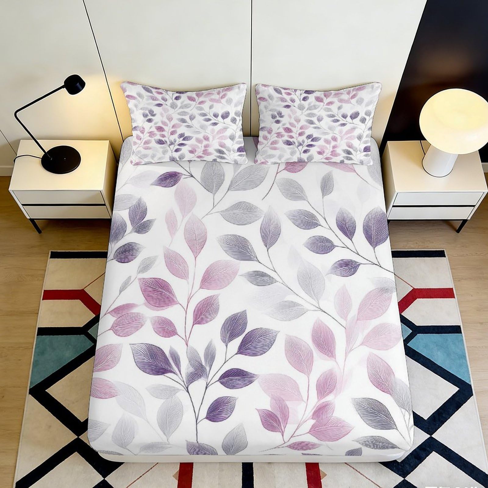 3D Printed Purple Leaf Fitted Sheet Microfiber Soft Breathable Botanical Mattress Cover for Bedroom Guest Room Decor 120x200x25cm