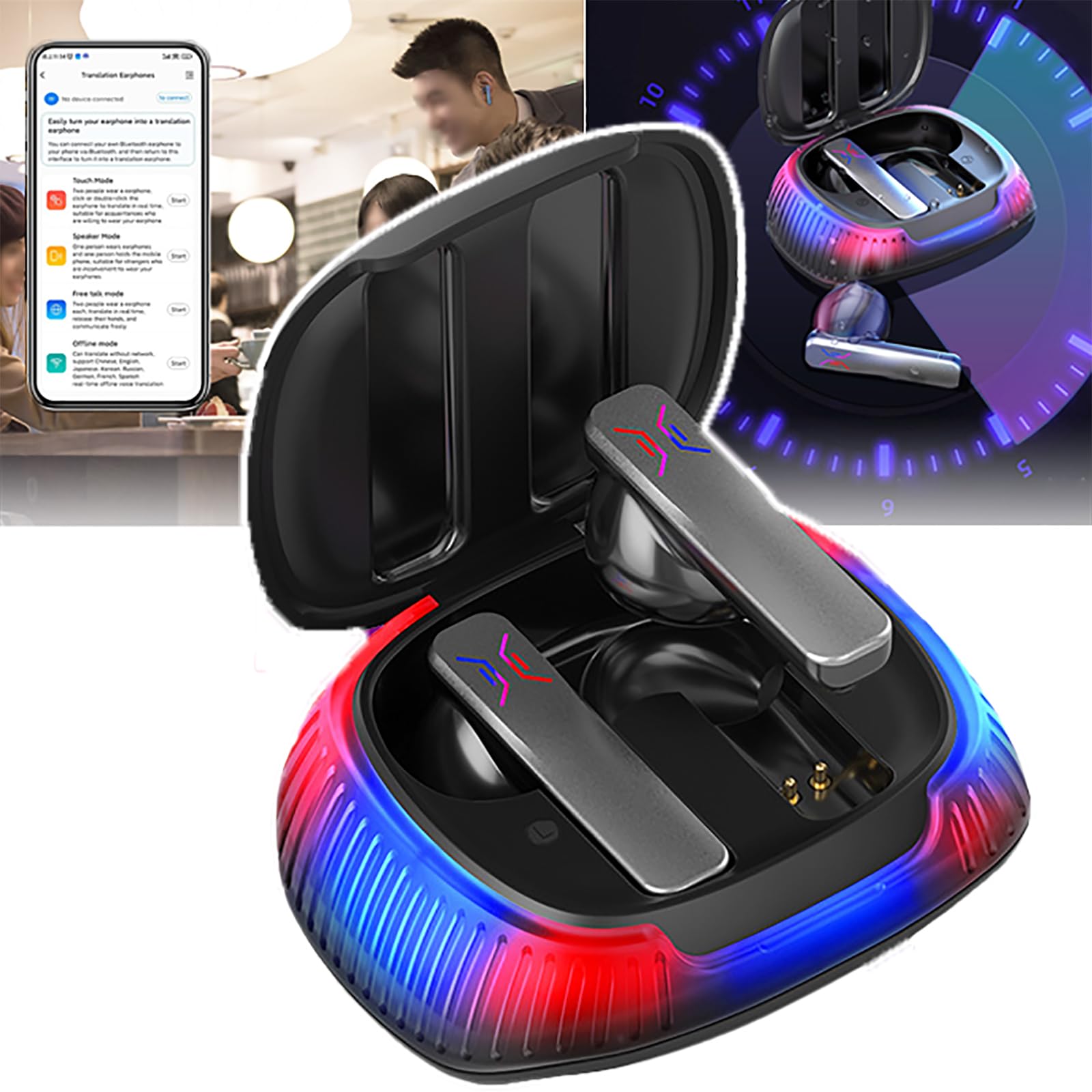 QLDDYCSmart Translator Earbuds(5.0), Supports 144 Languages, Work 4 Hours, Charging (1 Hour for Headphones/1.5 Hours for Charging Case), 4 Translation Modes + Clear Calls, for Business,Black