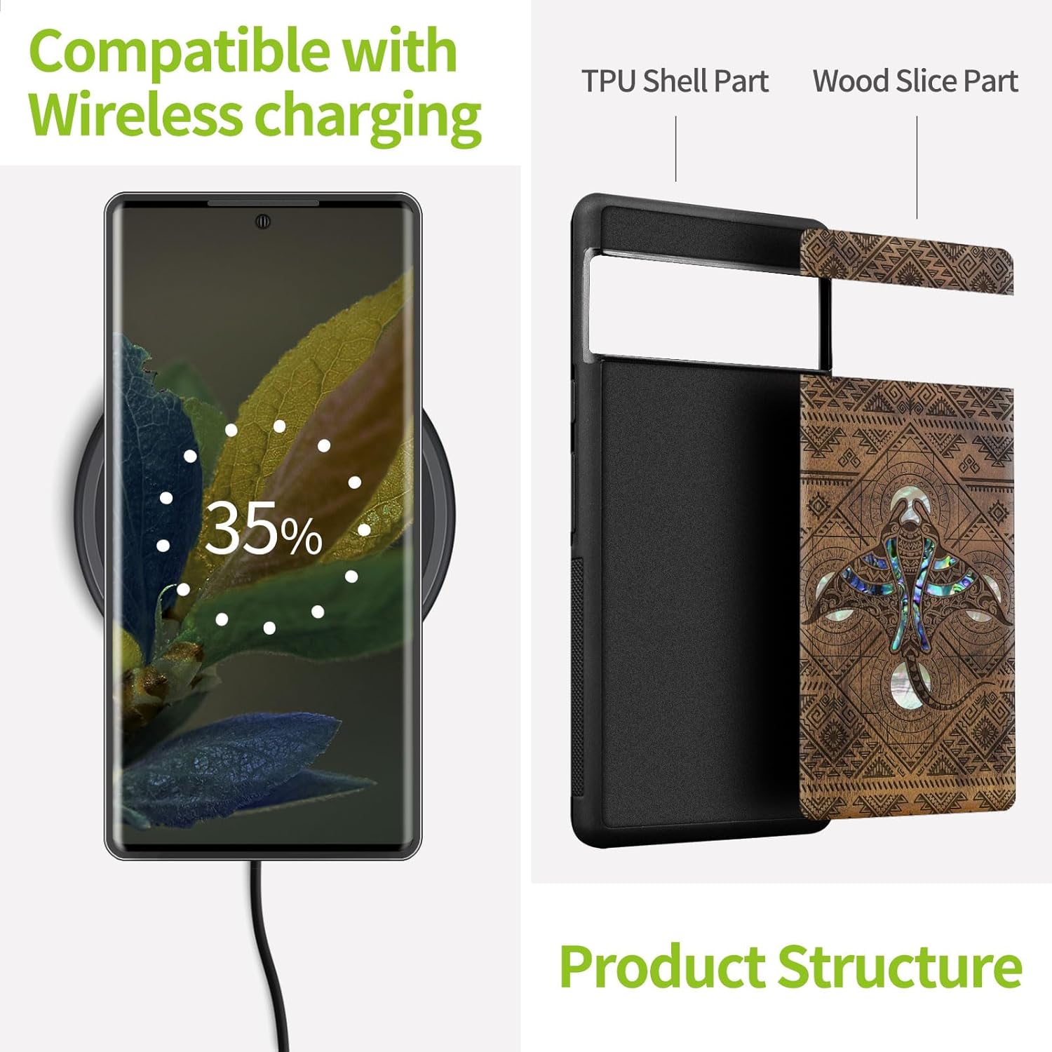 Carveit Designer Wooden Case for Google Pixel 8 Case Protective Cover [Wood Engraving & Shell Inlay] Compatible with Wireless Chargers Pixel 8 (The Tribal Manta Rays-Walnut)