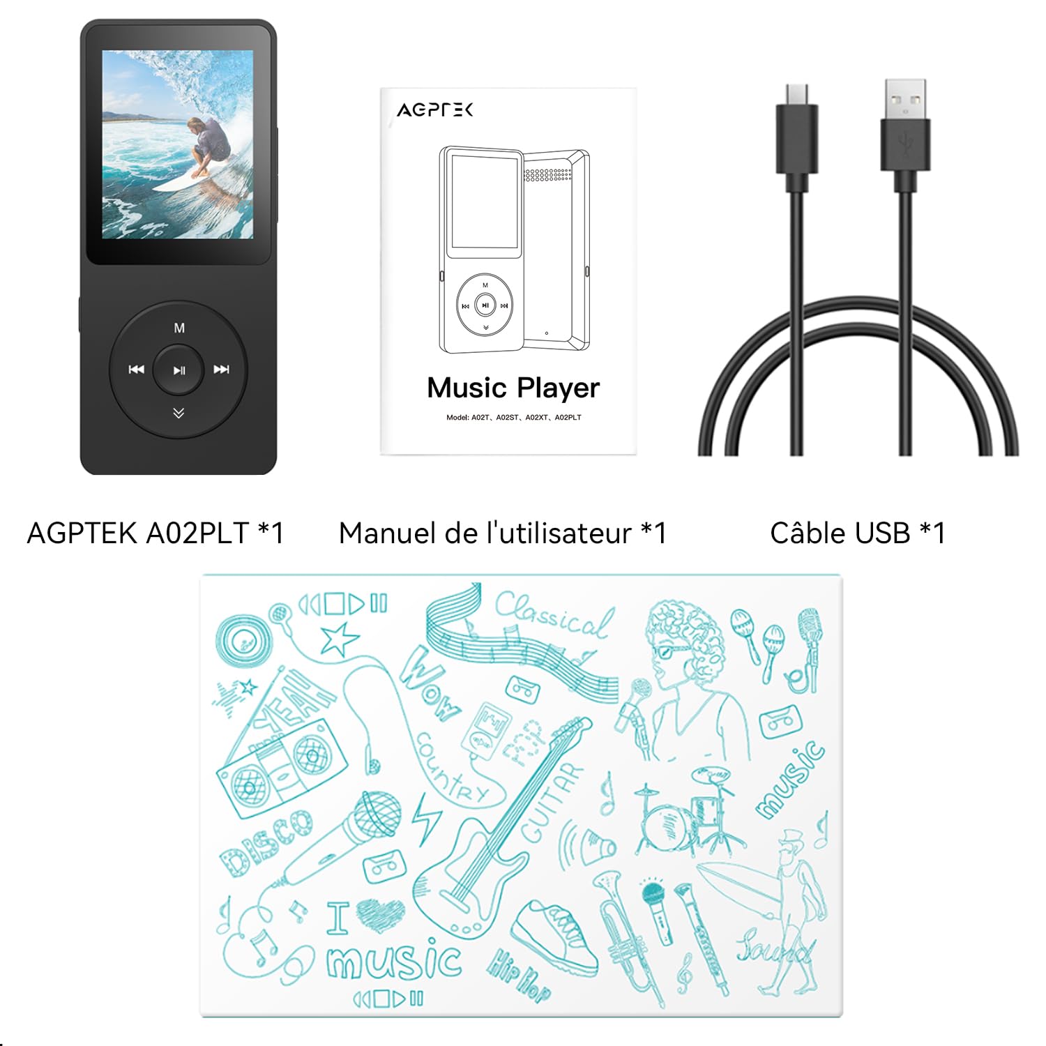 AGPTEK 64Go MP3 Bluetooth 5.3 avec Haut-Parleur & Bouton Volume, Lecteur Musical Portable Radio FM Enregistrement Podomètre Vidéo Baladeur sans Perte MP3 Sport Cadeau Adulte Enfant-Noir(sans Casque)