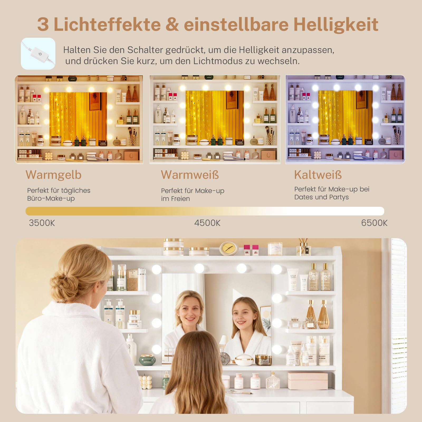 TEENFON Schminktisch mit Spiegel und Beleuchtung, 3 einstellbaren Farb und Helligkeitsstufen, Frisiertisch mit Schubladen, 4 offenen Ablagen, Weiß, 2 Schubladen Schminktisch+Seitlicher Ablage