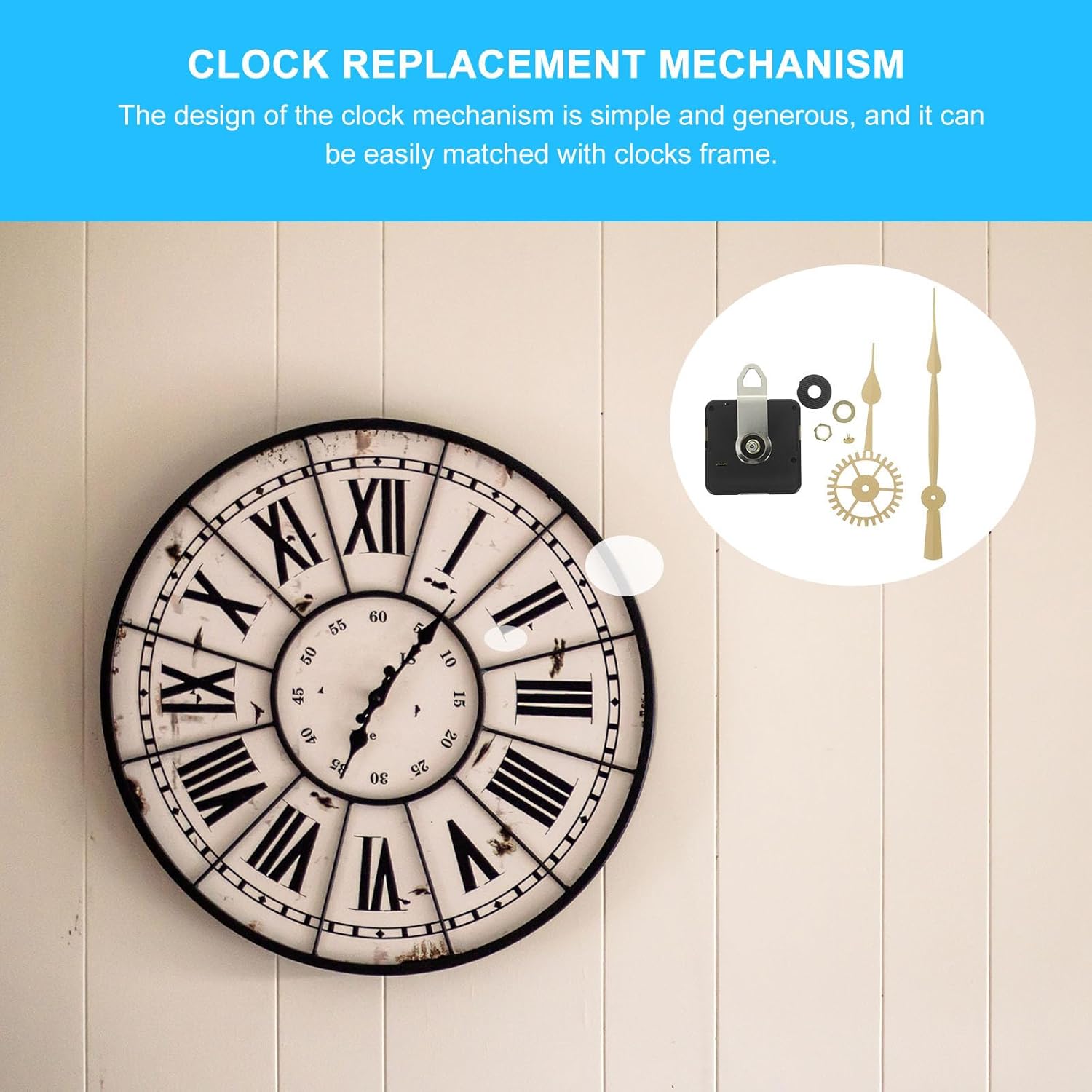 Clock Mechanism Kit Long Shaft Operated Silent Sweep Movement with Metal Clock Hands and Iron Art Frame Replacement for Home Decoration 21Cm