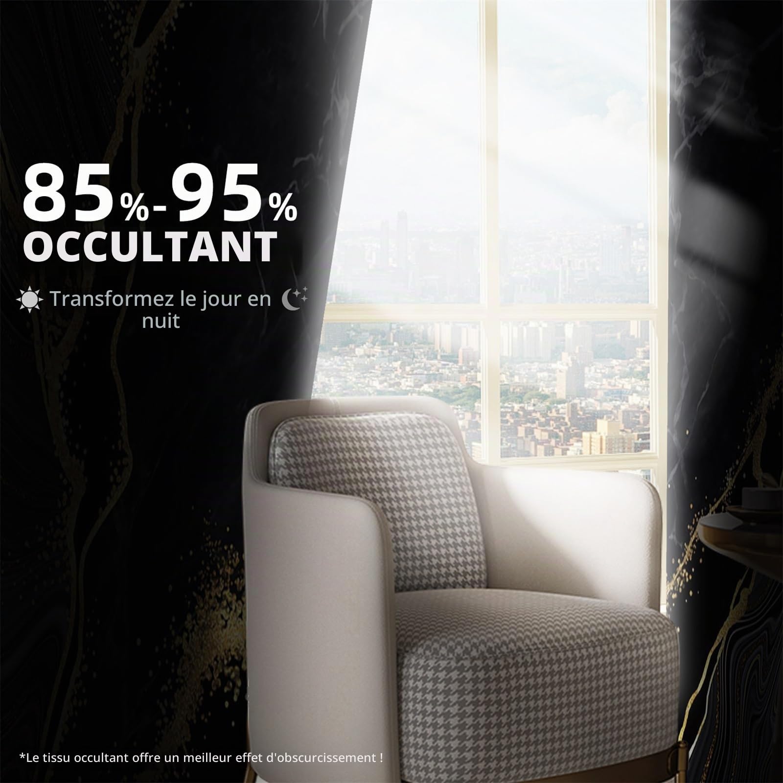 Rideaux Occultants en Marbre Noir et Or Texture de Texture de marbre de Luxe Chambre décorative avec œillets 2 Panneaux Isolation Thermique Protection de la Vie privée 117x229 cm