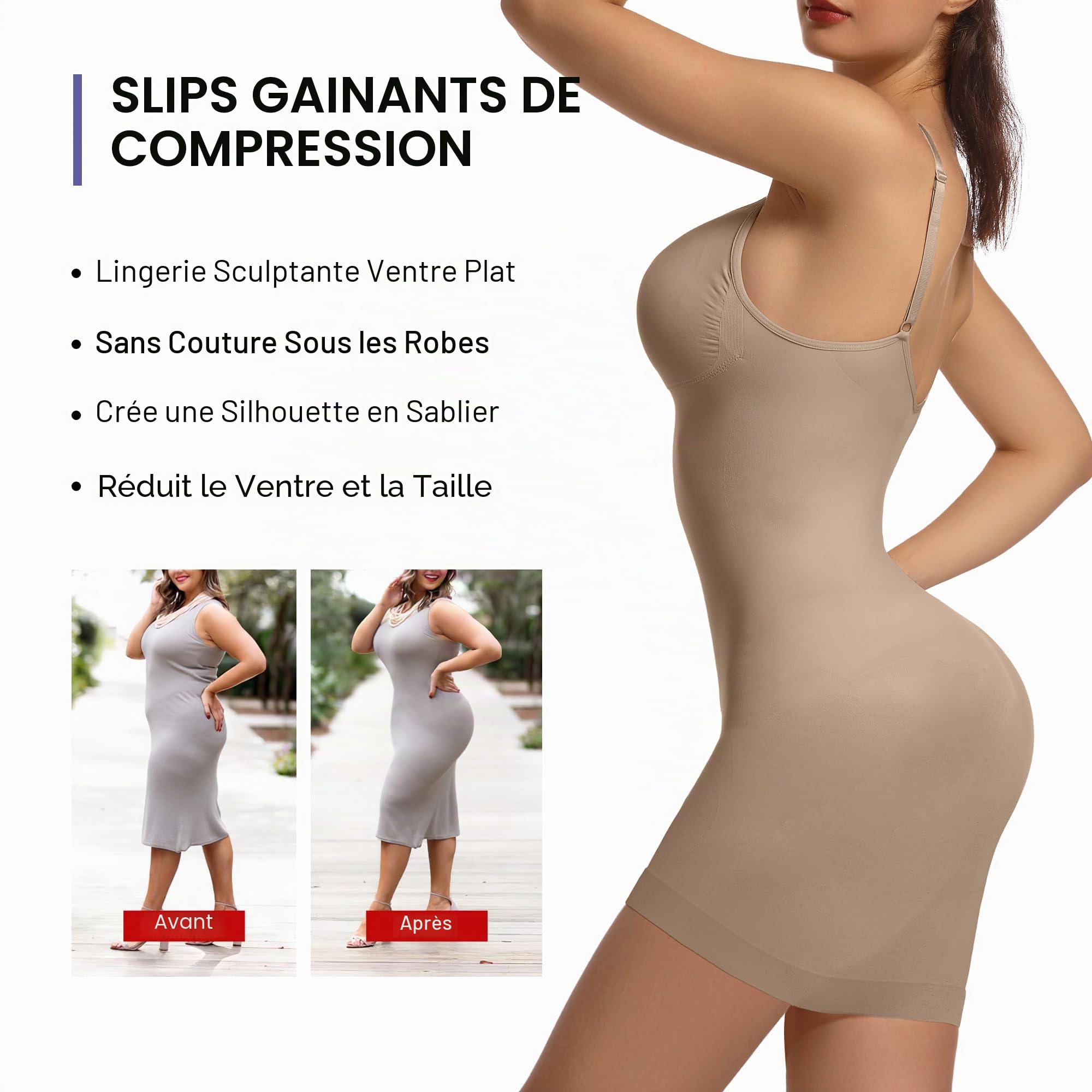 SHAPERX Robe Gaine Ventre Plat Femme Amincissante Sculptante Robe Bodycon Invisible avec Bretelles Réglables