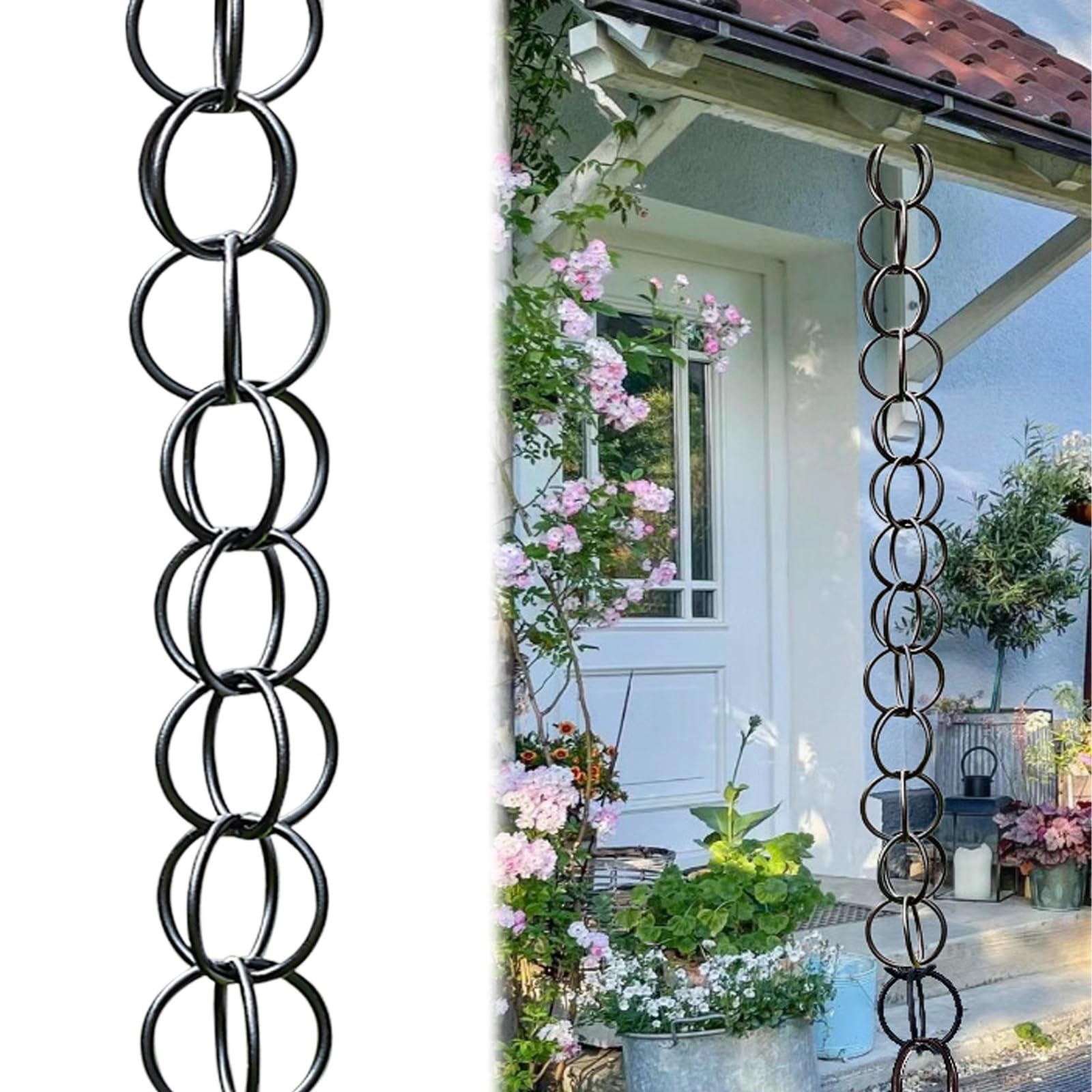 Aluminiumlegierung Regenkette Ablaufkette, Dekorative Regenwasserkette für Dachrinnenentwässerung, Außendekoration und Entwässerung von Balkonen und Terrassen(Black,3m)