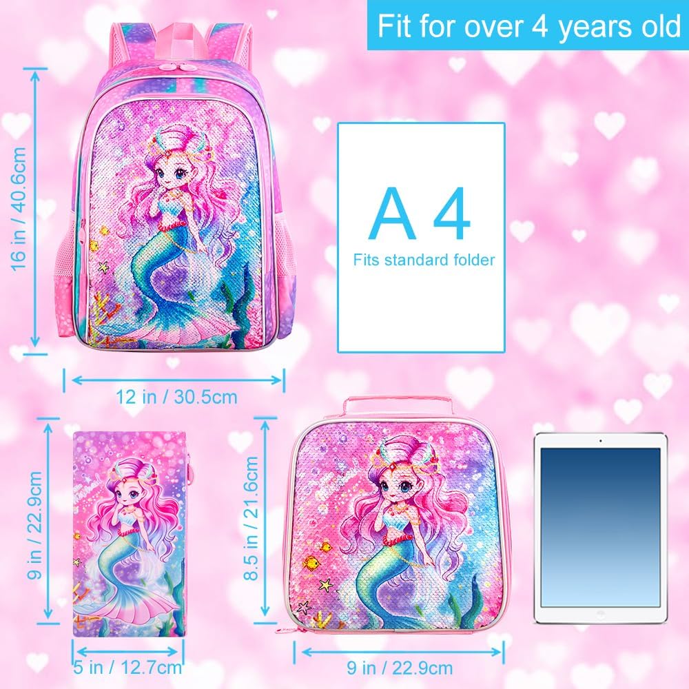 UFNDC 3PCS Backpack for Girls with Lunch Box,16”Kids Sequin Bookbag with Lunch Box, School Bag for Elementary Toddler - Image 4