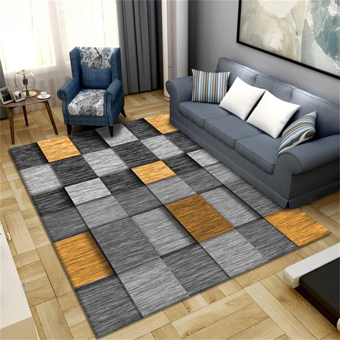Tapis jardin déco chambre géométrique gris-jaune 50x70cm résistant