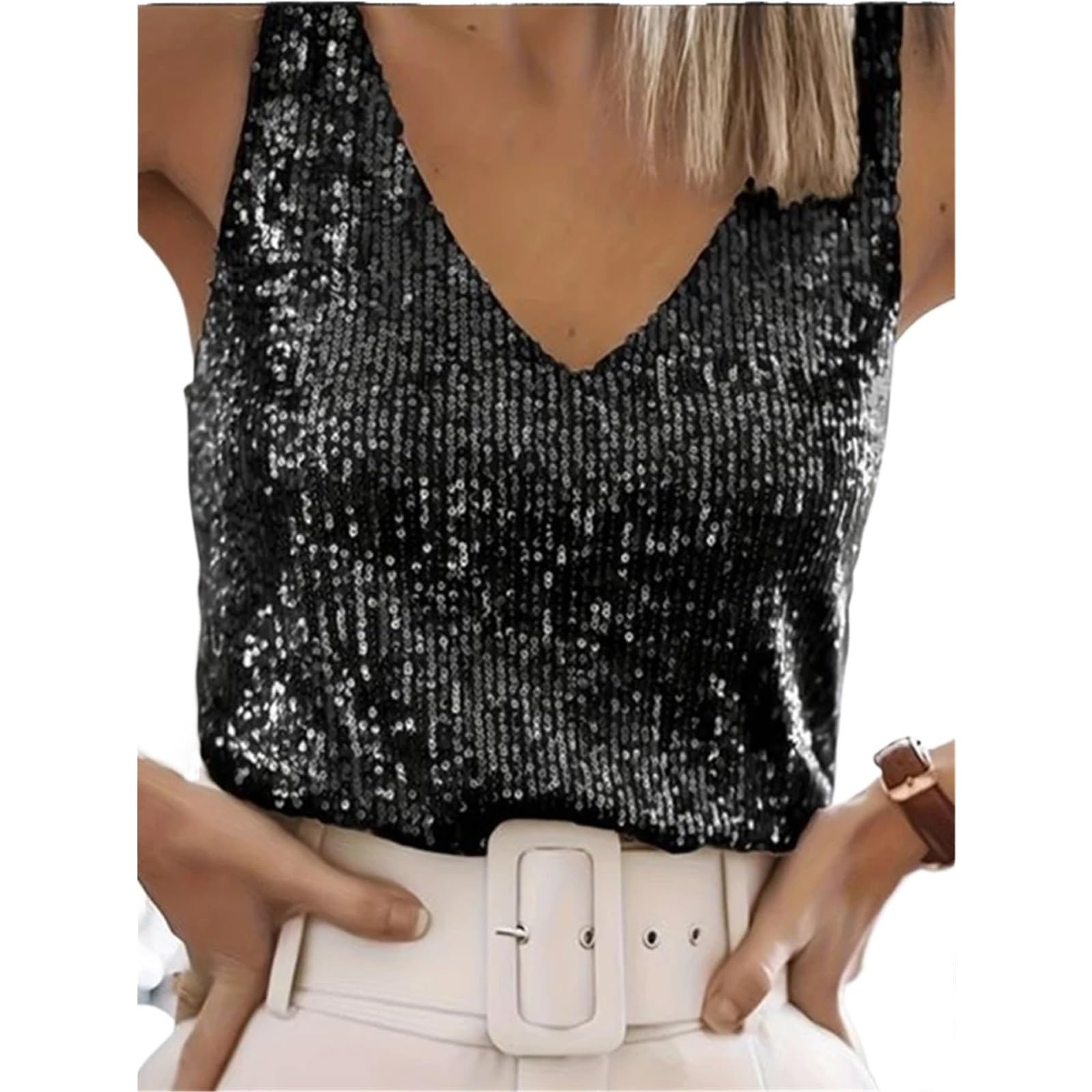 Top con Paillettes Gilet Sexy con Scollo a V e Paillettes, da Donna, Estivo, Leggero e maturo