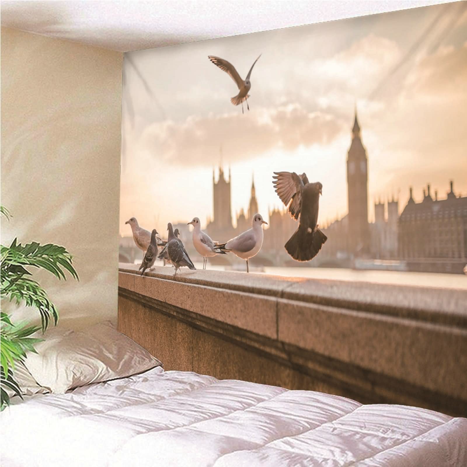 Tapiz Suelo, Decoración Colgar Pared Paloma de Pie En La Barandilla Poliéster Gris Blanco 350x256CM