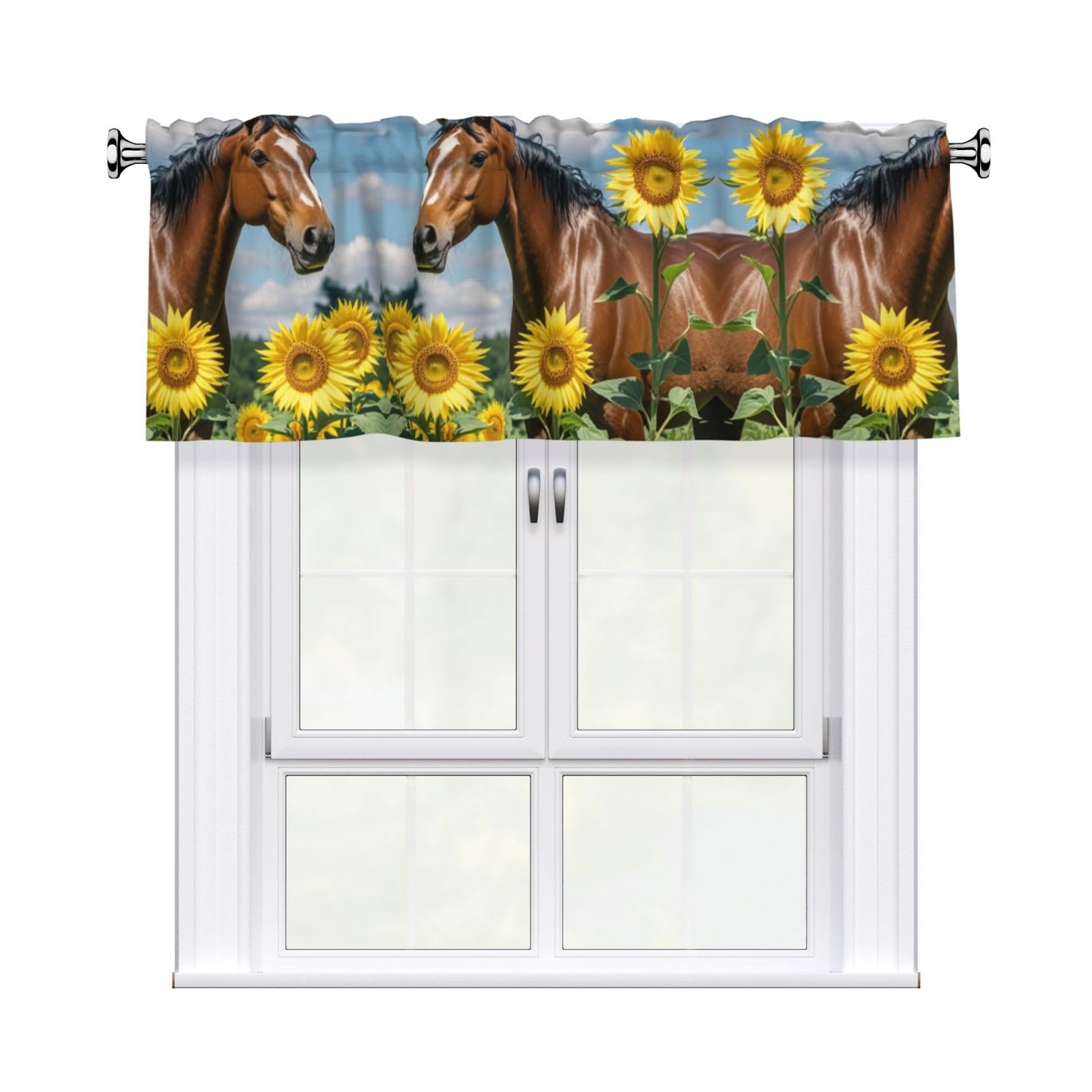 LMNGH Horse and Sunflower Curtain Valance for Windows,Kitchen Window Curtains Blackout Drapes Window Treatments Decorative Rod Pocket Short Curtain for Living Room Bedroom,54" W x 18" L