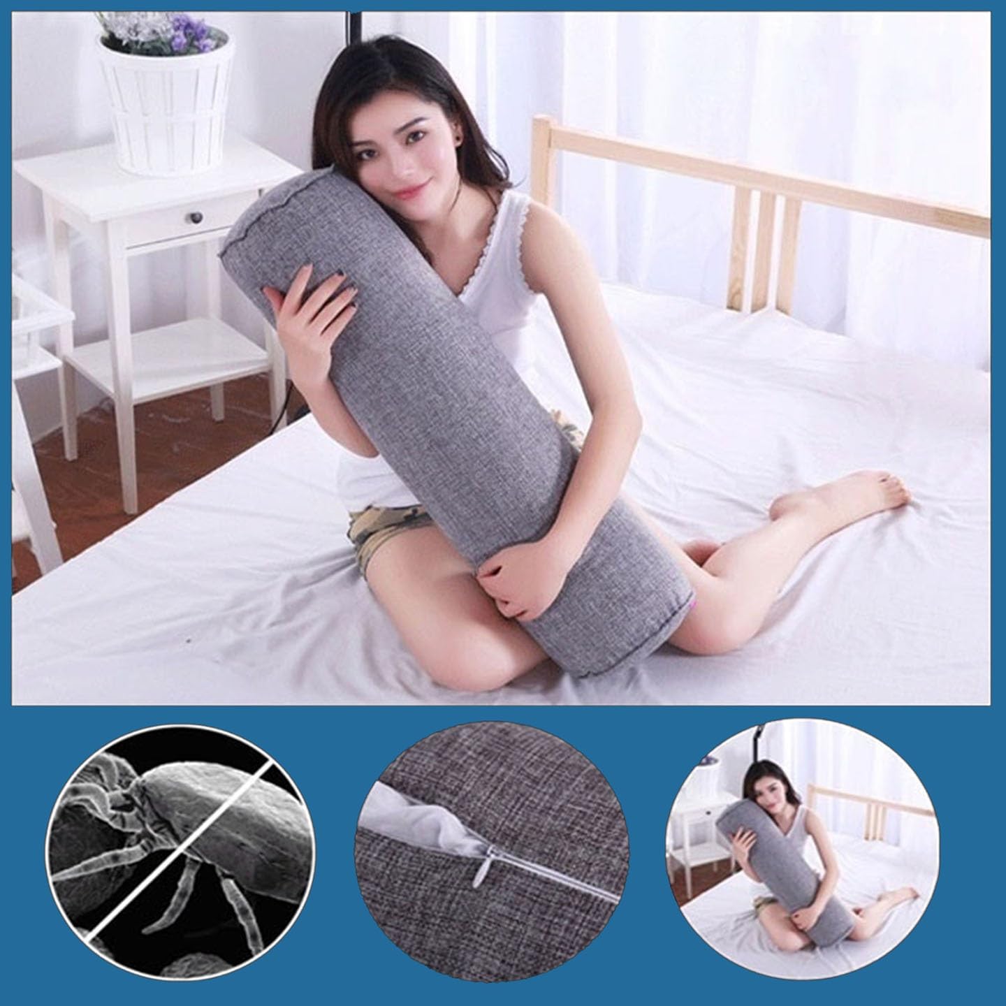 Nacken-Und Knierolle Kopfkissen Kissenrolle Nackenkissen Kissen Rolle Orthopädisches Nackenkissen, Lagerungsrolle, Bolster Side Sleeper Pillow with Abnehmbar Cover(Black,20x120cm/8x47in)