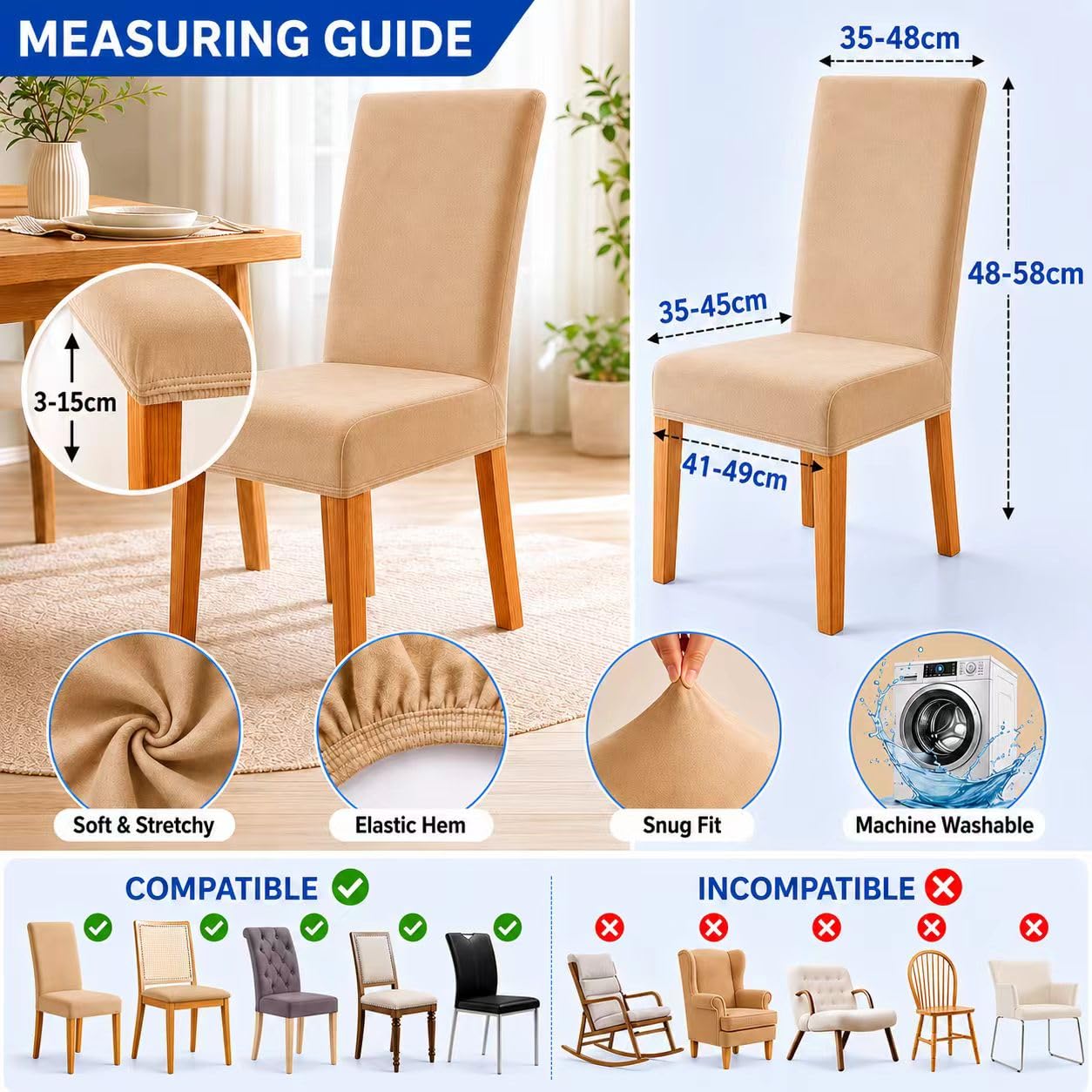 Coprisedia con Schienale in velluto 4/6 Pezzi, Fodere Sedie Elasticizzato Lavabile,Coprisedia con Schienale per Casa, Ristorante, Hotel, Cucina,decorazione per matrimoni (Beige, 6)