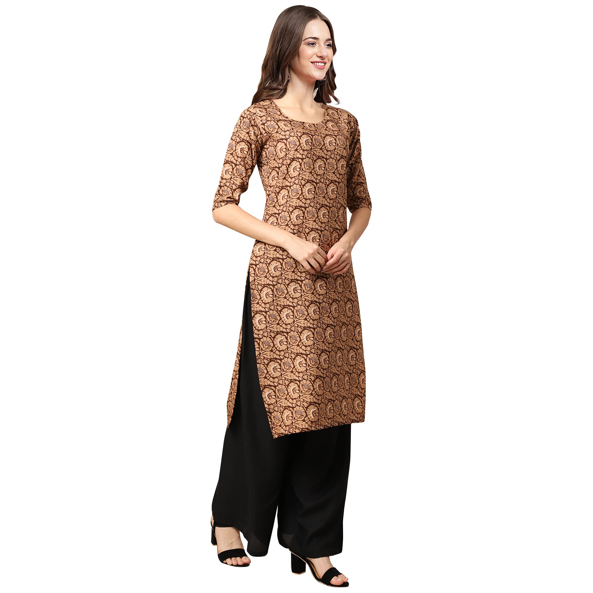 Pinkmint Women's Crepe Brown Color Ethnic Motif Printed Straight Kurti[Nb-530379-M]