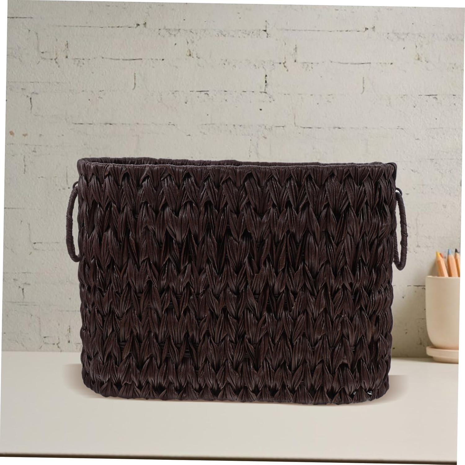 STOBAZA Decorative Woven Basket for Desk Storage Basket for Office Home Magazine Holder Desktop Organizer