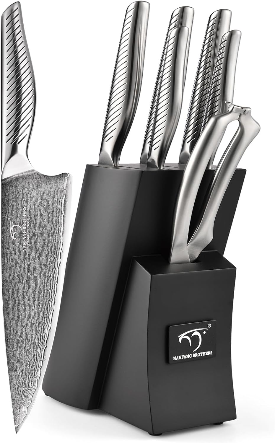 NANFANG BROTHERS® 7 Pieces Damascus Kitchen Knife Set, High Carbon Stainless Steel Damascus Steel Chef Knife Set, Stainless Steel Ergonomic Handle for Chef, Knife Block Set for Chopping NF