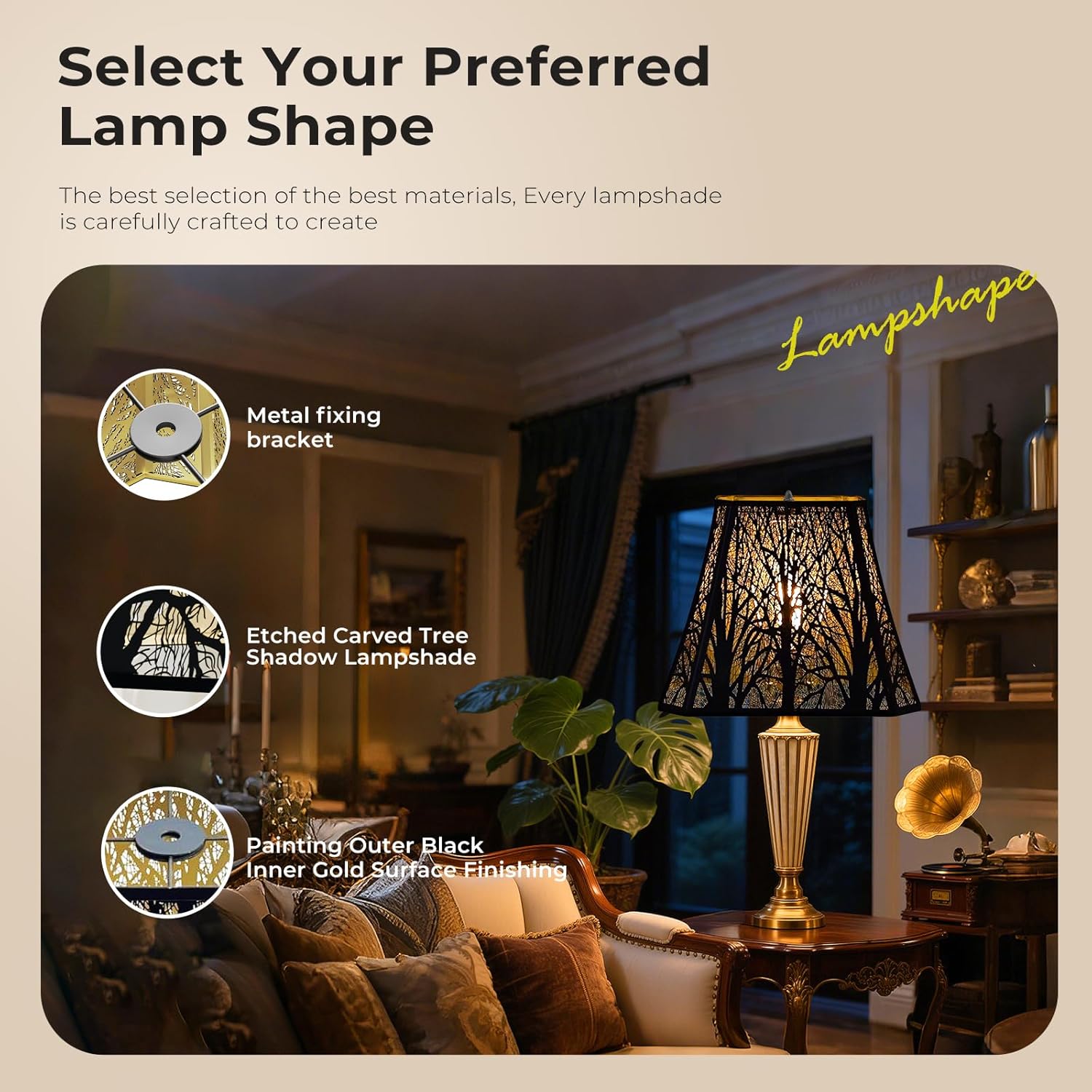 Etched Forest Metal Lampshade, Rectangle Large Lamp Shade Fitter Floor and Table Lamp Shade, 8" Top Diameter, 13.9" Bottom Diameter, 11" Height, Black Outer Gold Inner