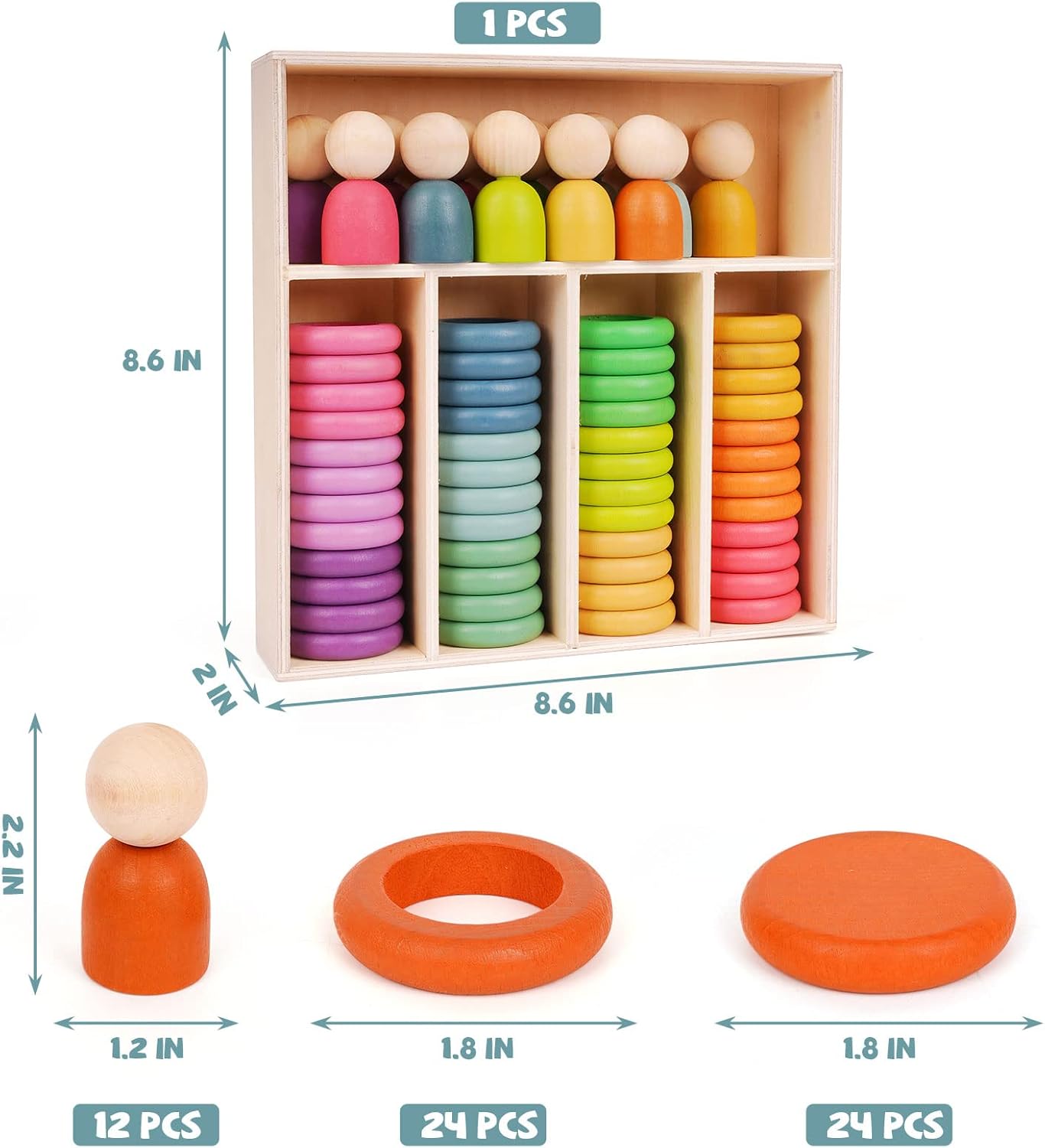 Montessori Toys Wooden Color Sorting Stacking Rings Toy Rainbow Wooden Peg Dolls Counting Toys Circular Building Blocks Stacking Game Preschool Learning Education Fine Motor Skill Toys for Toddlers image 7