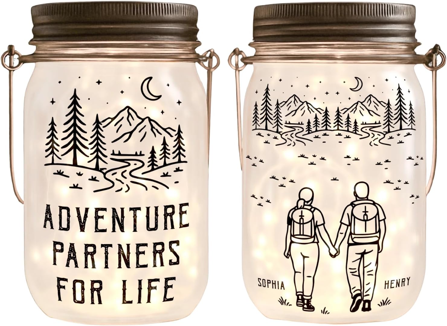 Adventure Partners For Life Couple Gift - Personalized Solar Mason Jar Light, Camping Partners For Life Home Decor Jar Light, Custom Mountain Line Art Decor for Husband Wife, Gift for Camping Lover
