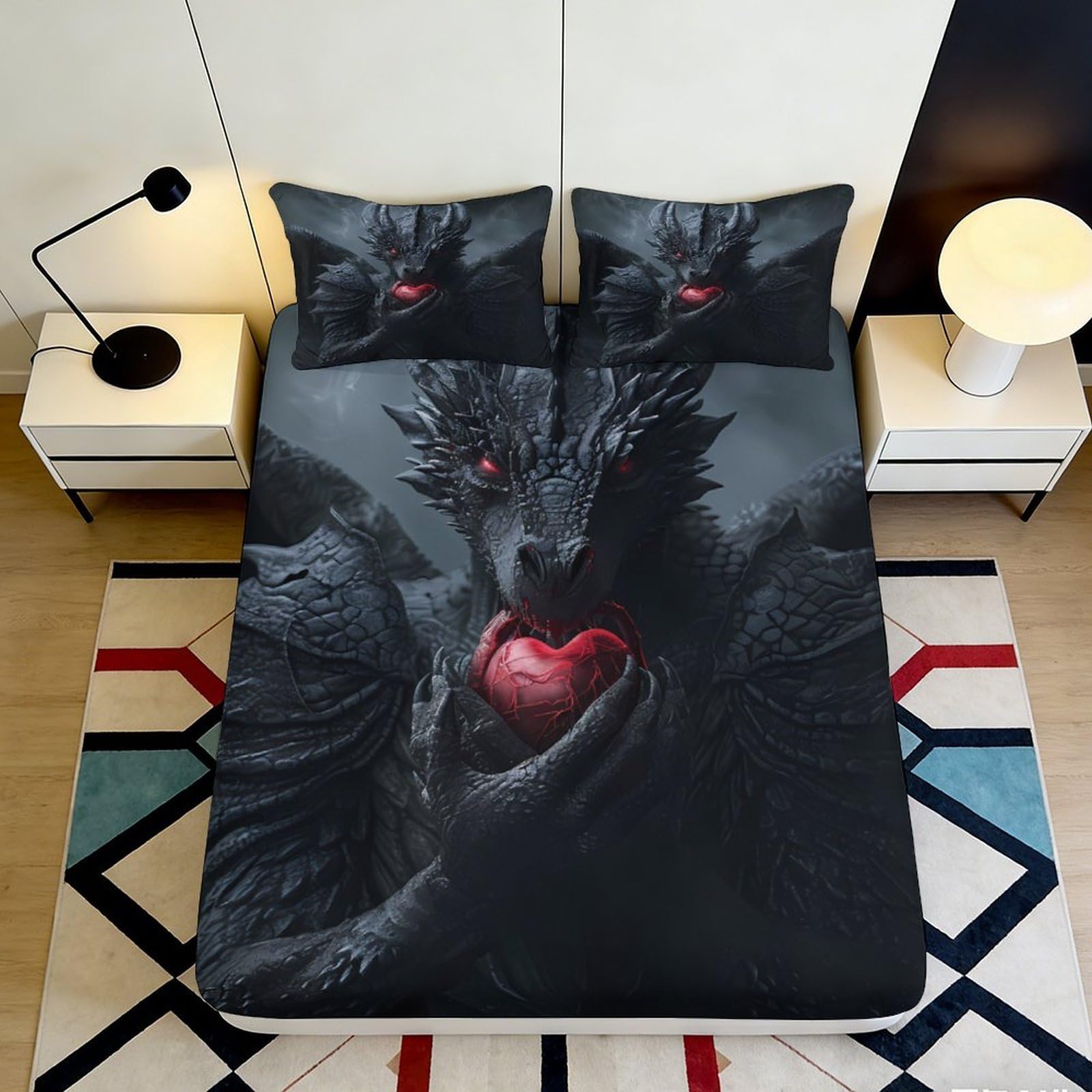 3D Printed Black Dragon Fitted Sheet Microfiber Gothic Heart Bed Cover for Bedroom Dorm Mattress Decor 90x200x25cm