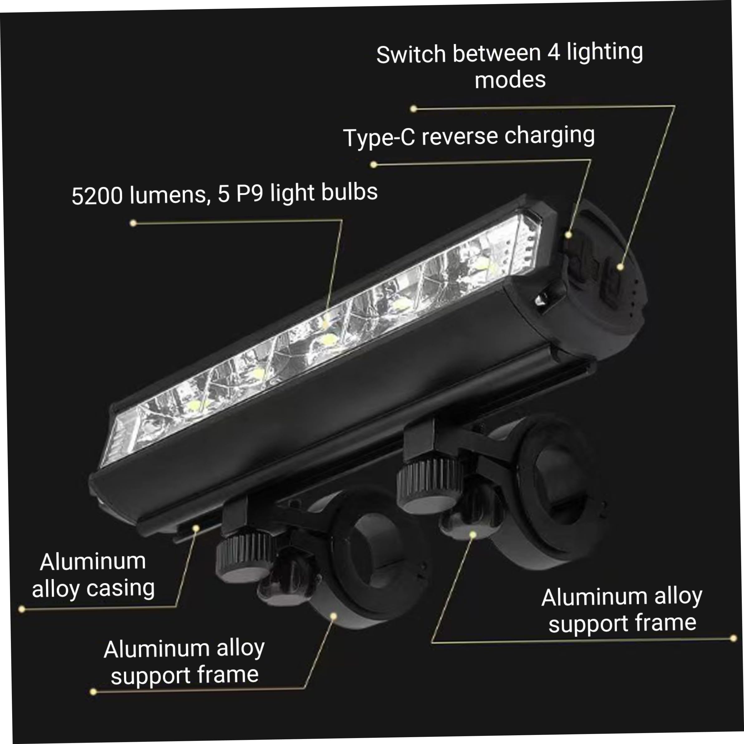 Luz Delantera para Bicicleta, Faro Delantero Recargable para Bicicleta, Barra de aleación de Aluminio de 20000 lúmenes con Accesorios de Carga inversa de 10000mah para Deportes nocturnos.