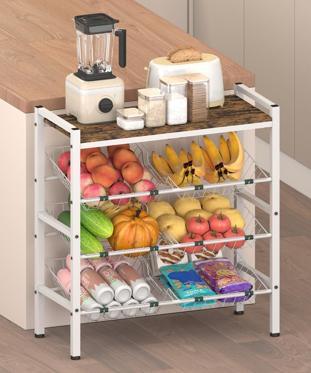 Kitchen Fruit and Vegetable Storage Rack, 4-Tier Fruit Basket Stand, Freestanding Snack Display Organizer Shelf, Small Kitchen Island with Wood Top for Pantry, Office, Living Room, White with Wood top White-6 baskets