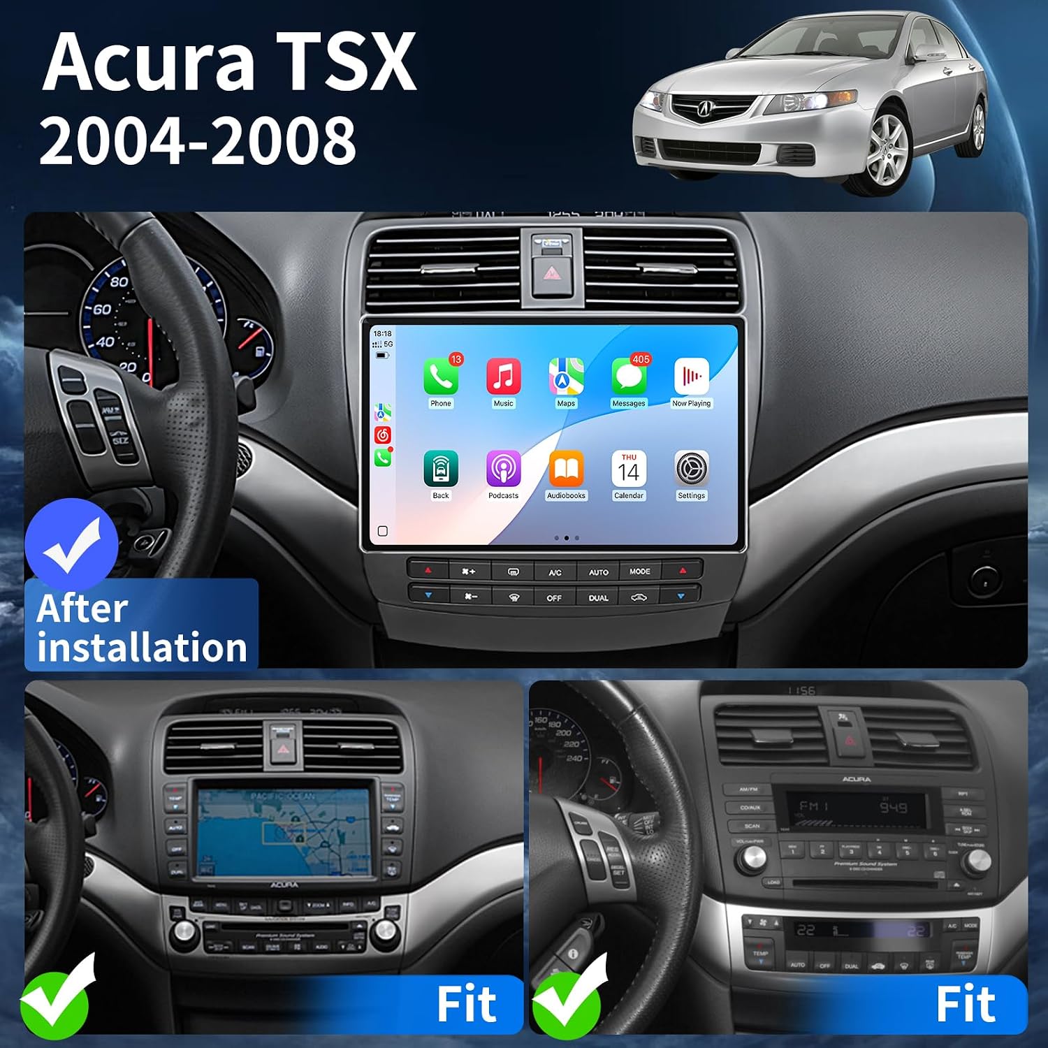 Car Radio for Acura TSX 2004 2005 2006 2007 2008 Radio Upgrade 8Core 8+128G Wireless Carplay Android Auto 11.5 Inch QLED Touch Screen AHD Backup Camera WiFi SWC DSP FM/AM