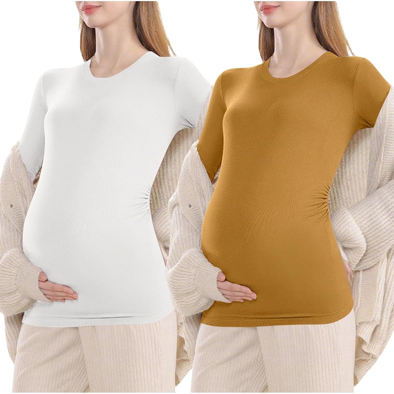 2 Pack Women's Maternity Shirts Cotton Long Sleeve Pregnancy Tops Side Ruched Ribbed Casual Mama tees Clothes