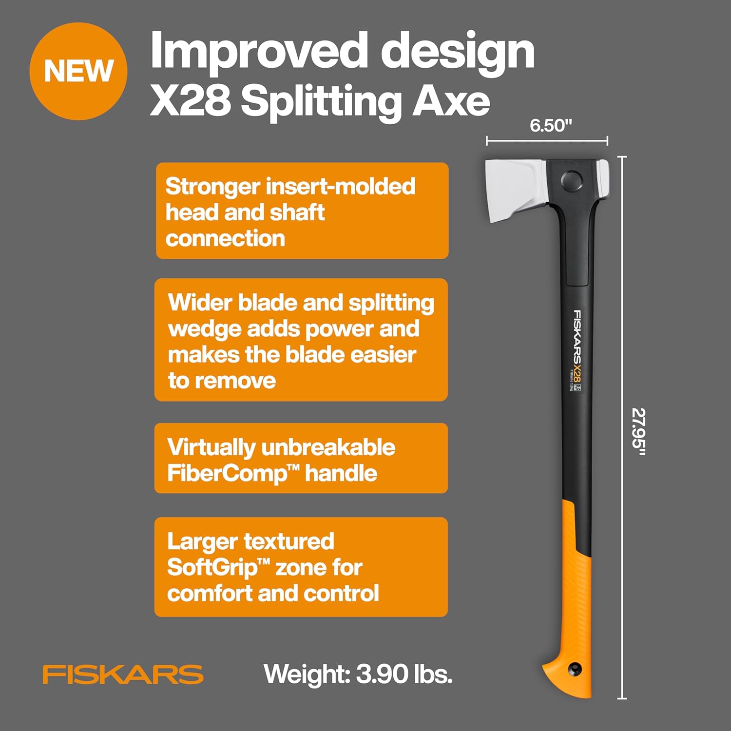 Fiskars X28 Splitting Axe 28", Forged Steel Blade for More One-Strike Splits on Medium Logs, Shock-Absorbing FiberComp Handle & Low-Friction Coating for Easy Removal & Rust Protection