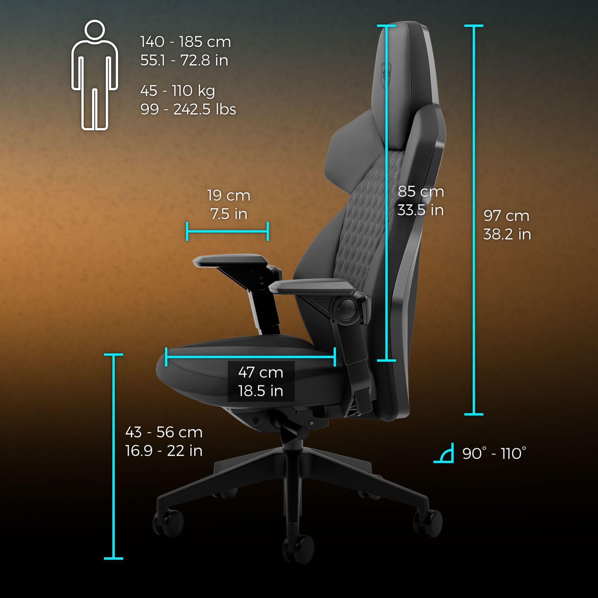 noblechairs Dawn Gaming Stuhl Schwarz – Ergonomischer Schreibtischstuhl mit klappbaren Armlehnen, Synchronmechanik, Kunstlederbezug, Lordosenstütze, Universalrollen