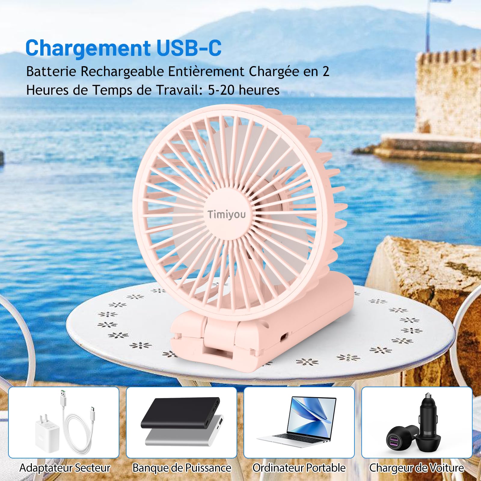 Timiyou Ventilateur Portable, Mini Ventilateur de Bureau Puissant 3