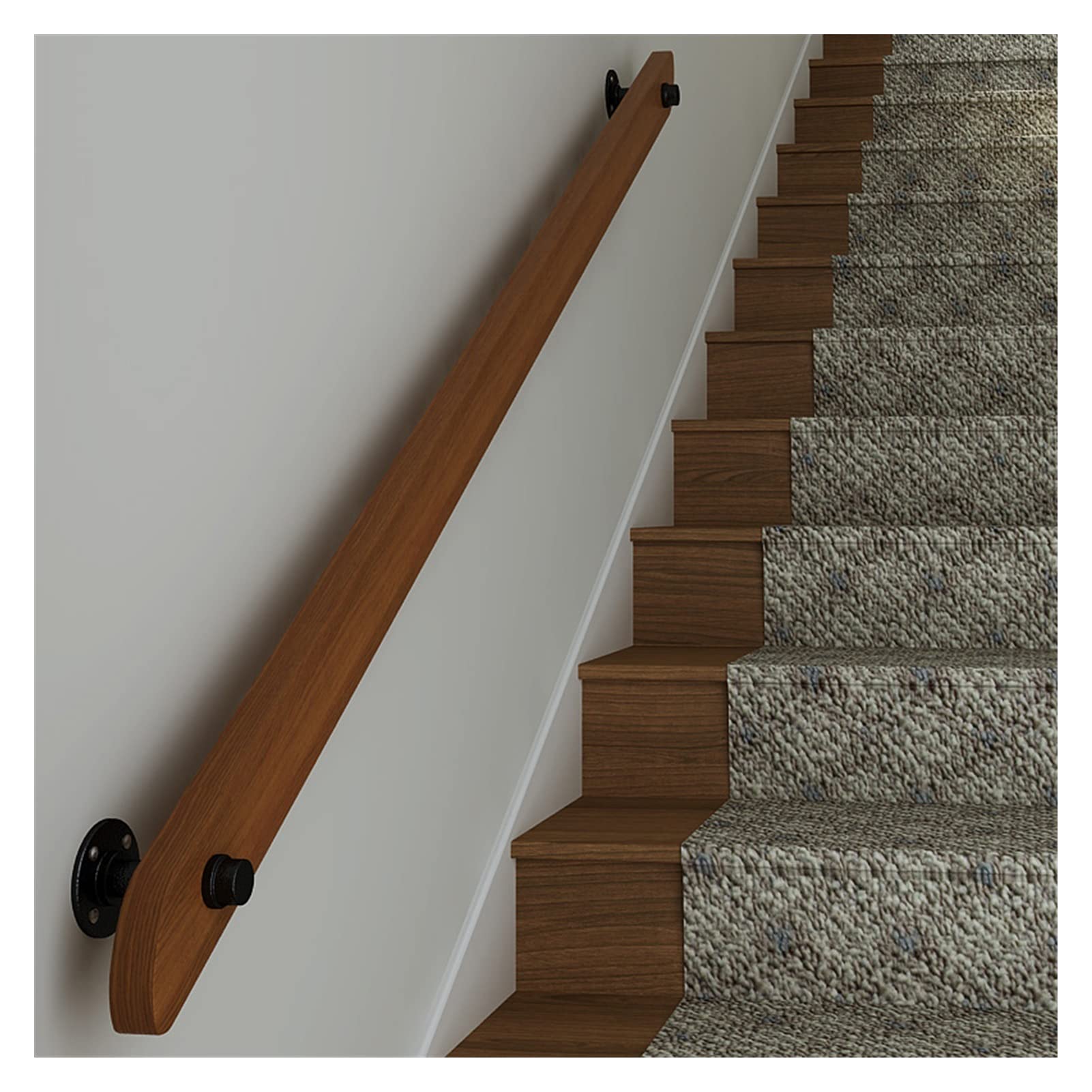 Rambardes d'escalier en bois murales avec supports métalliques noirs pour couloir