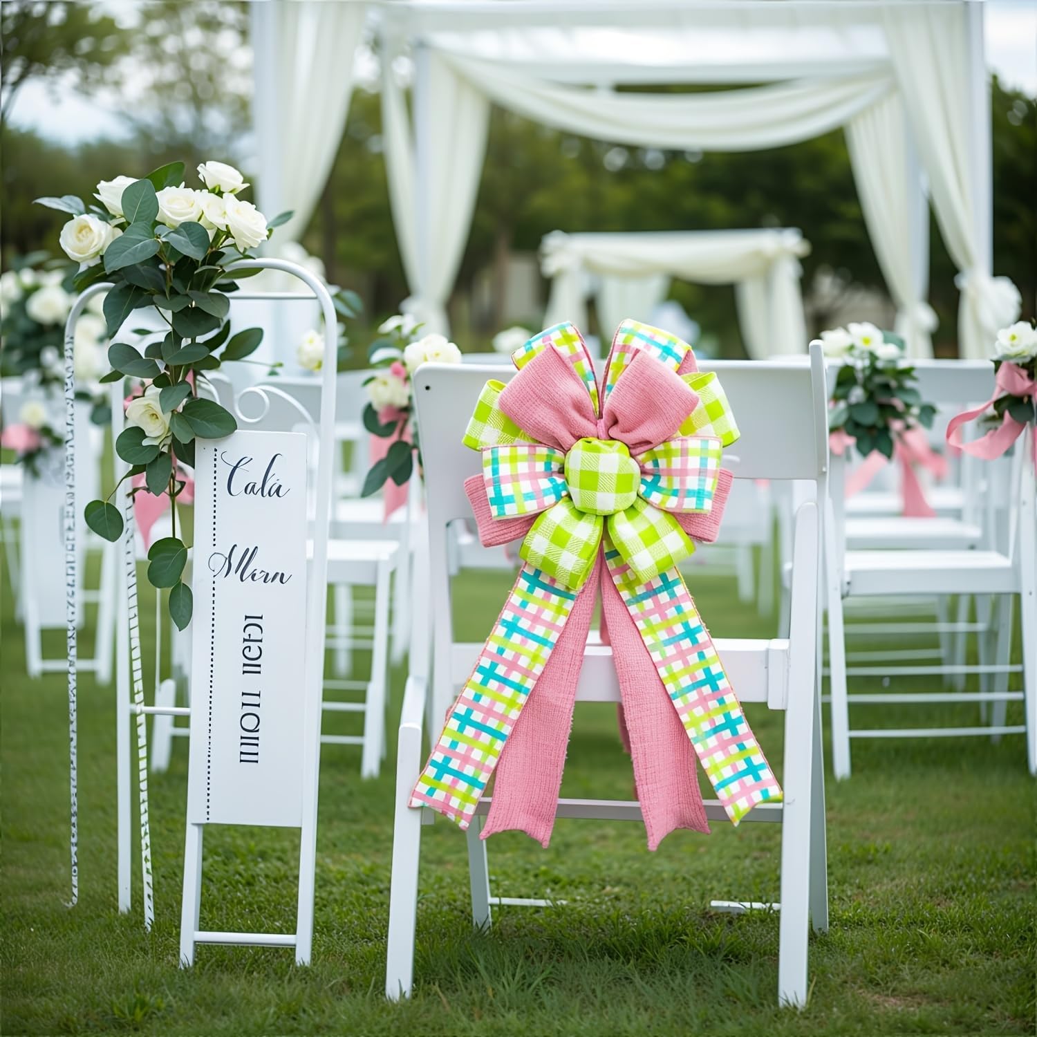 Large Spring Wreath Bow - Pink and Green Buffalo Plaid Floral Burlap Bow for Front Door Decor, Christmas Tree Topper, Indoor Outdoor Spring Home Decorations - Image 4