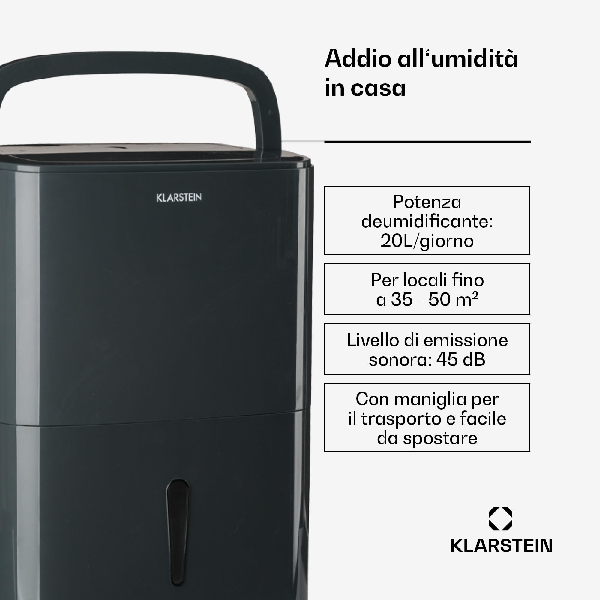 Klarstein Deumidificatore Casa per Muffa e Umidità Silenzioso, Deumidificatore Portatile Smart, Deumidificatore Ambiente Professionale Elettrico Basso Consumo, Deumidificatore WiFi 20L con Display LED