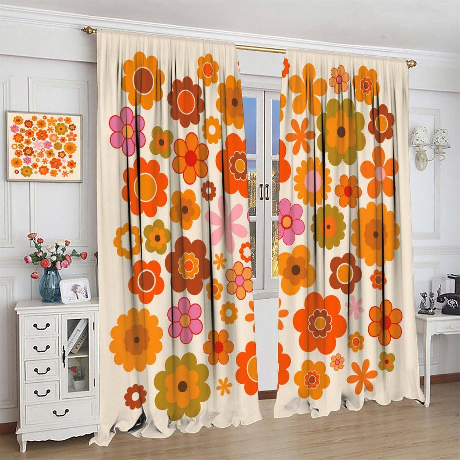 JESTRONRY Cortinas florales retro bohemias, estilo bohemio de los años 60 y 70, cortinas opacas con bolsillo para cortinero, para sala de estar, dormitorio, 132 x 213 cm
