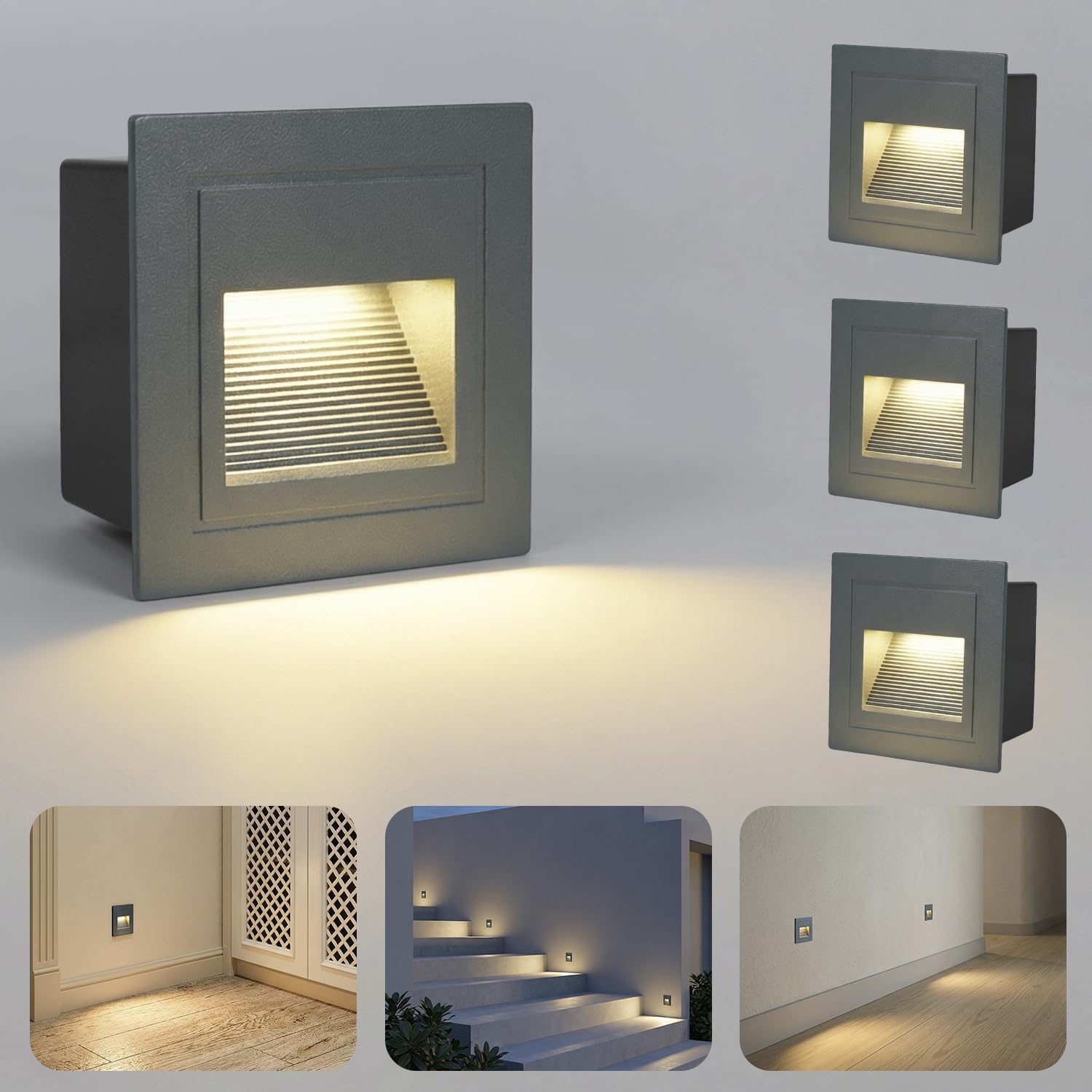 Arotelicht 4er LED Treppenleuchte 230V 3W 3000K IP44 Grau Eckig Alu | Innen Außen Wasserdicht Stufenlicht Wandleuchte Treppenlicht Inkl. Unterputzdose (Nicht-Standardgrößen-60mm)