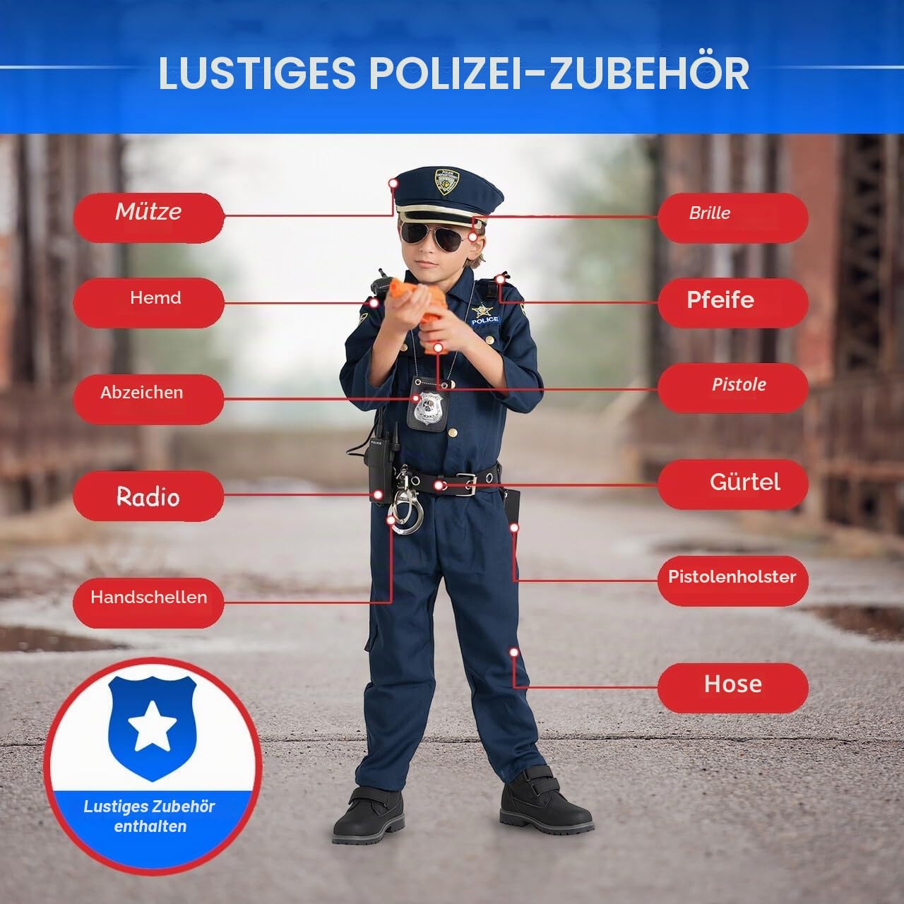 Dress Up America Polizeikostüm für Jungen – Hemd, Hose, Hut, Gürtel, Trillerpfeife, Pistolenhalfter und Walkie-Talkie-Cop-Set, Blau
